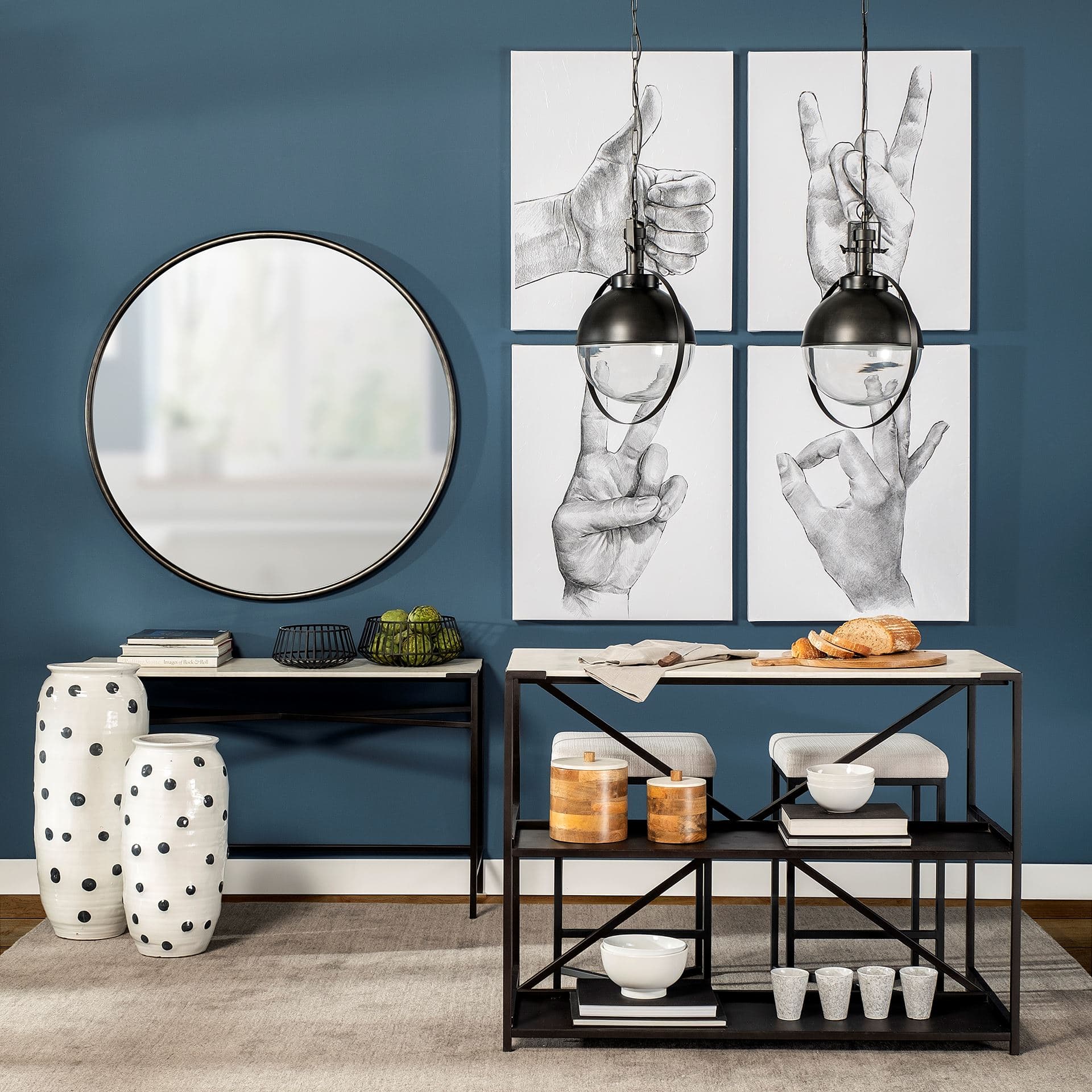 Leighton II 15x20 Black Metal Spherical Pendant Light — in a styled room
