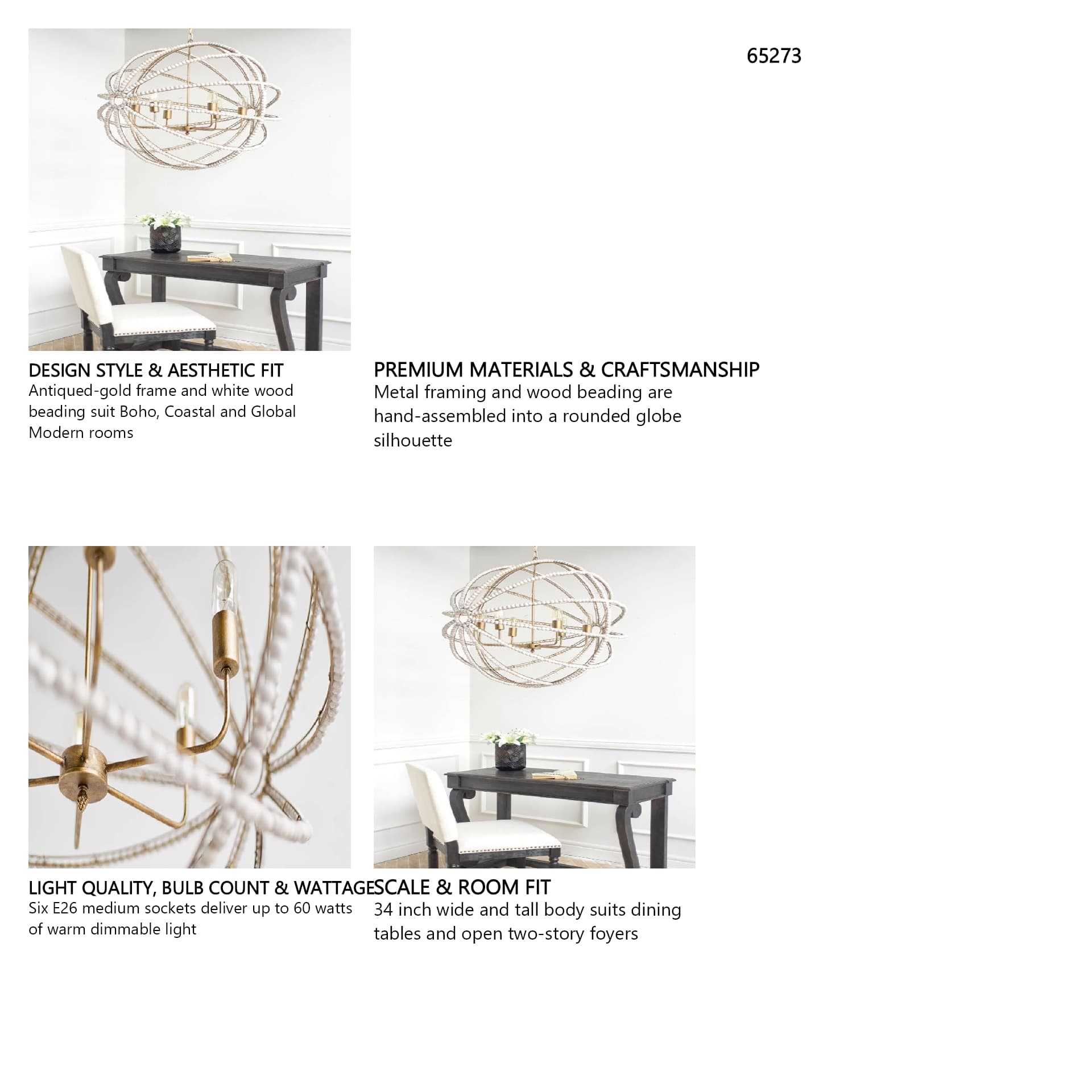 Ava White (34"D) Gold Metal and White Wood Beaded Six Bulb Chandelier — in a styled room