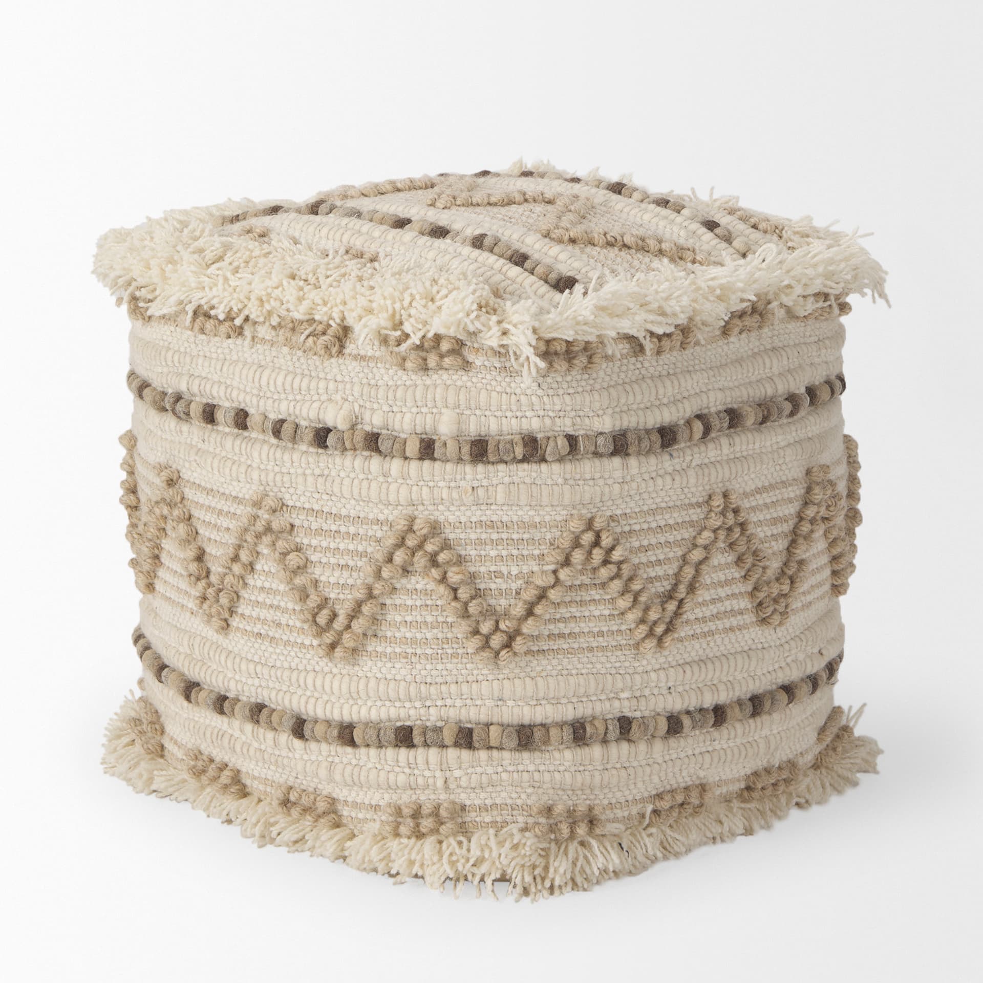 Caela Beige/Brown Wool, Cotton and Felt Popcorn Stitch Square Pouf — product photograph