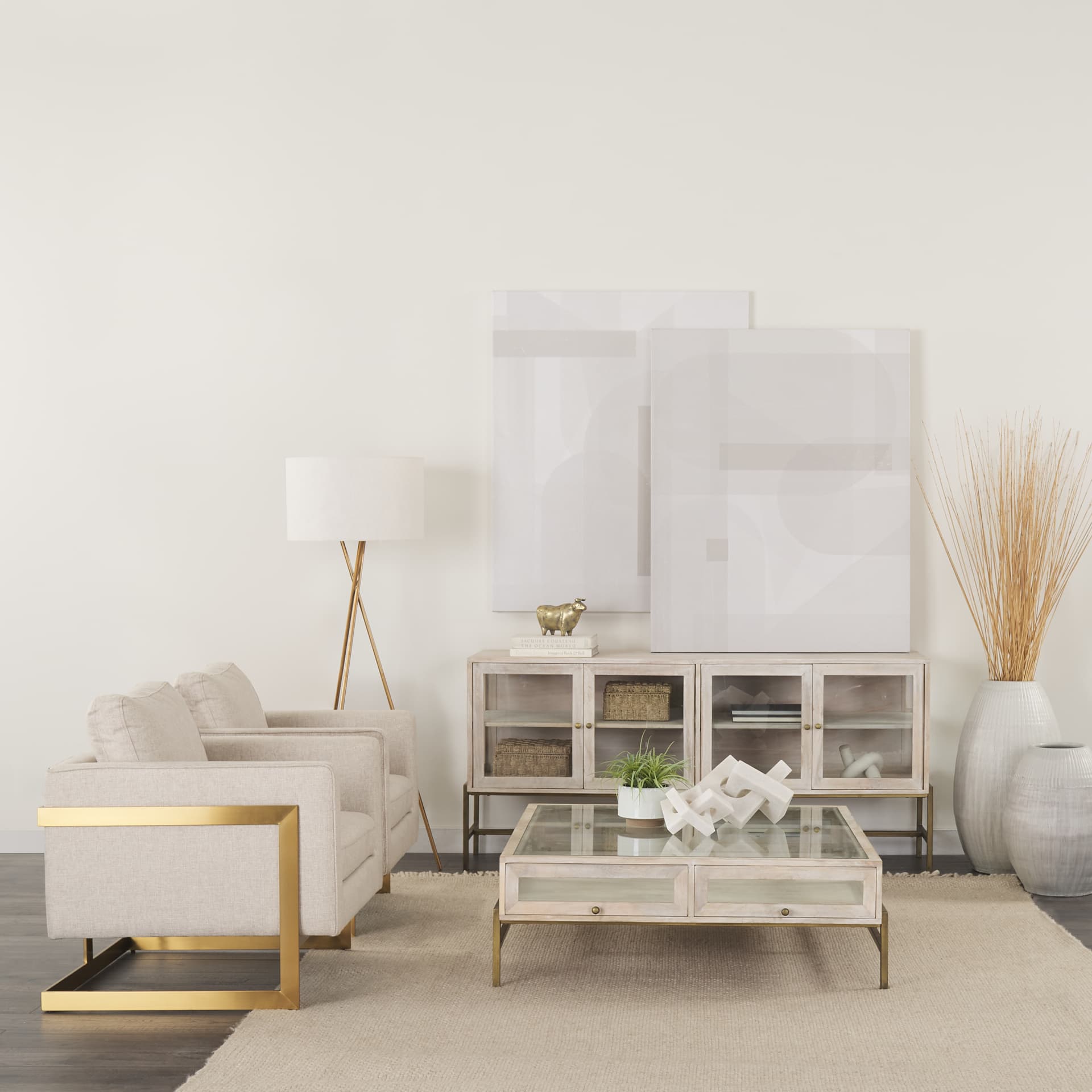 Arelius 42" Square Glass-Top White Wood w/ Gold Metal Base Display Coffee Table — product photograph