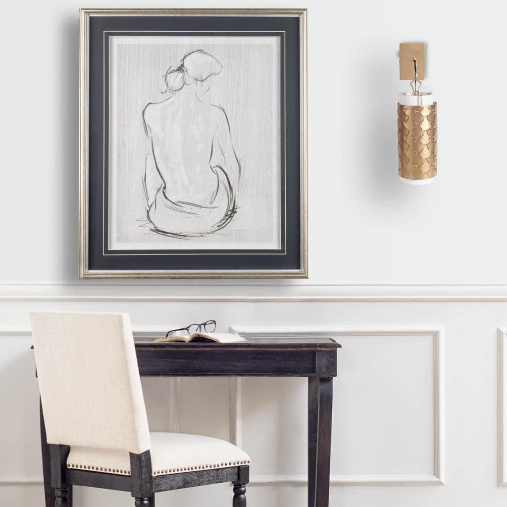 Brasseur IV 10.5x22 Gold Toned Metal Fish Scale Wall Sconce — in a styled room