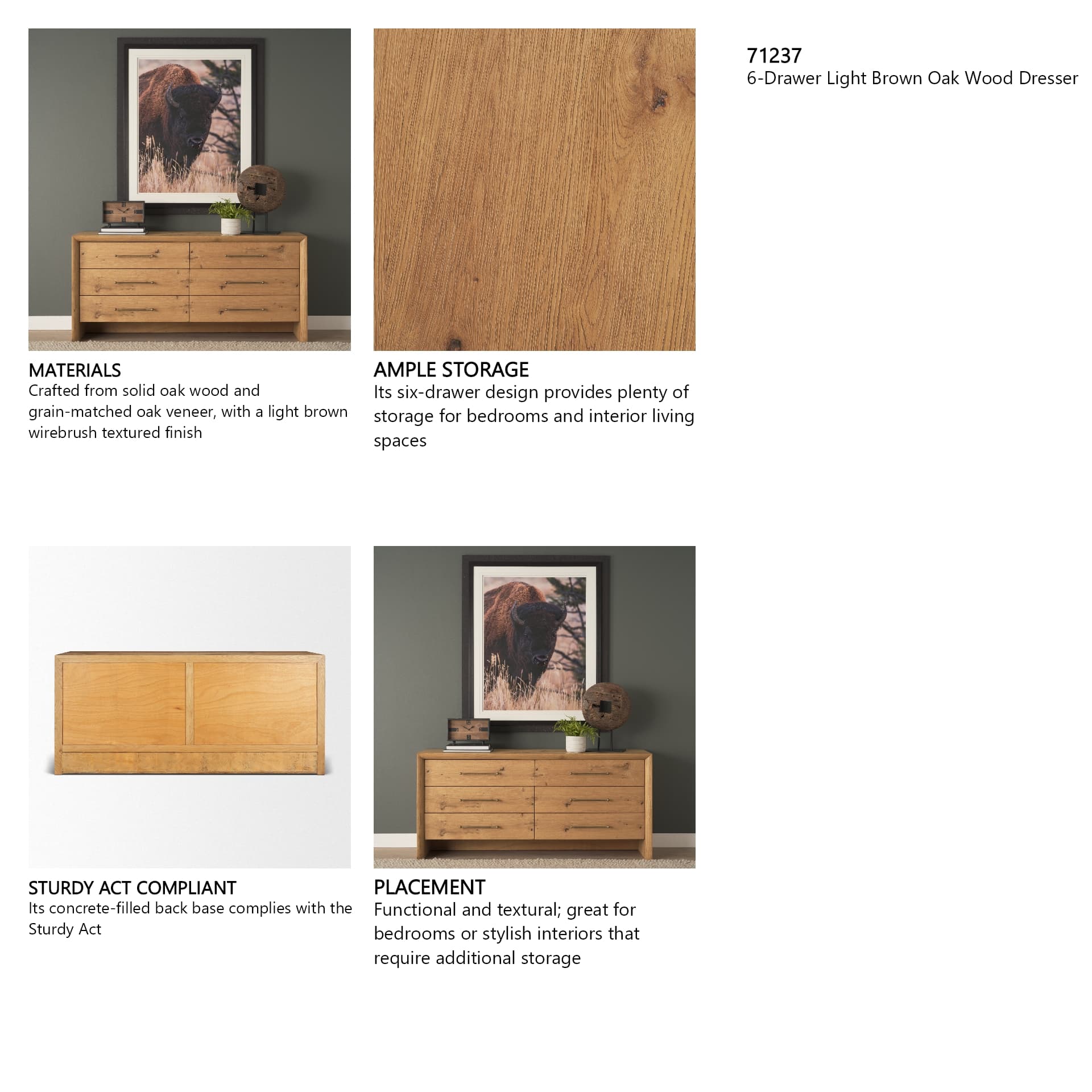 Belford 6-Drawer Light Brown Oak Wood Dresser — product photograph