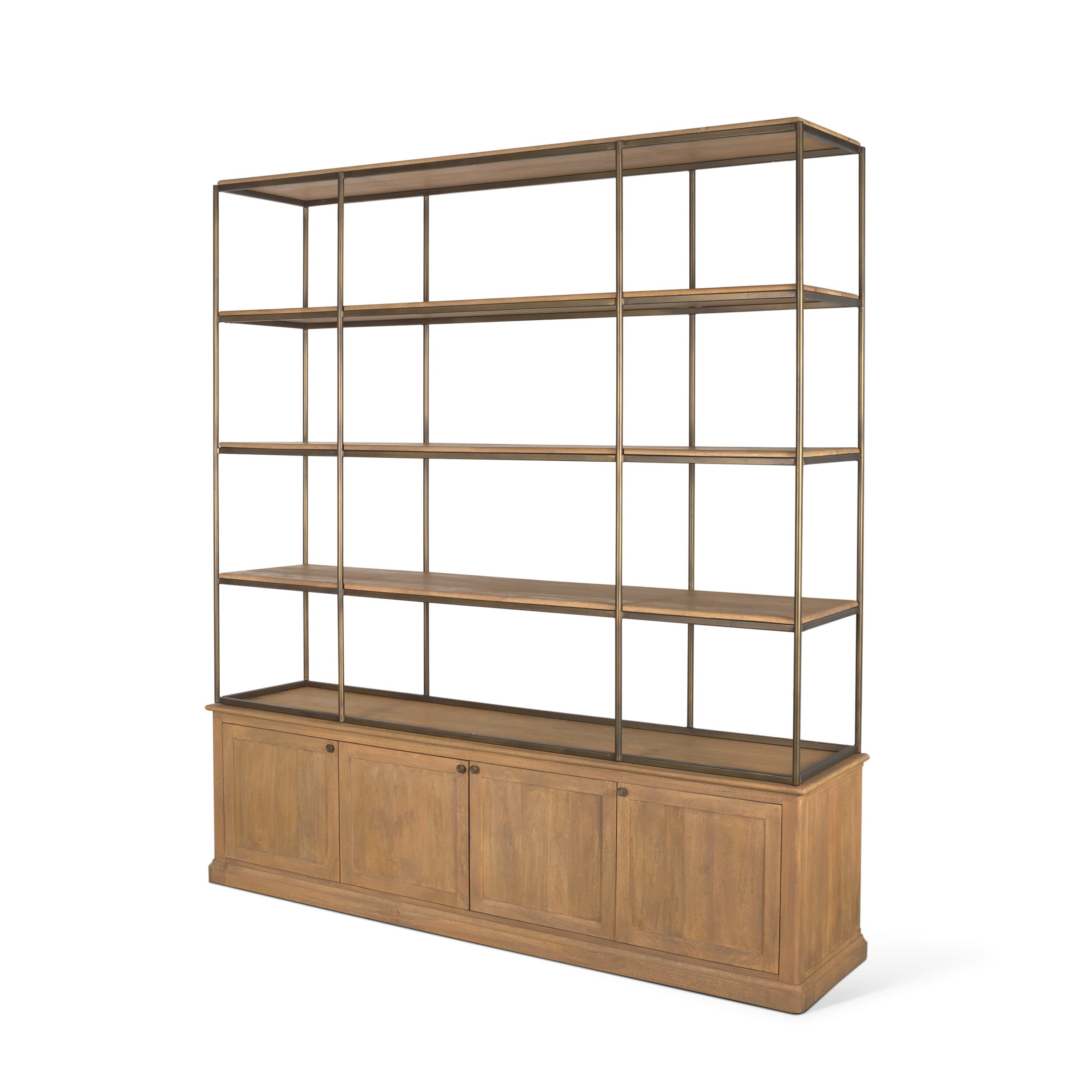 Baron 4-Door Light Brown Wood w/ Gunmetal Open Shelving Unit — product photograph