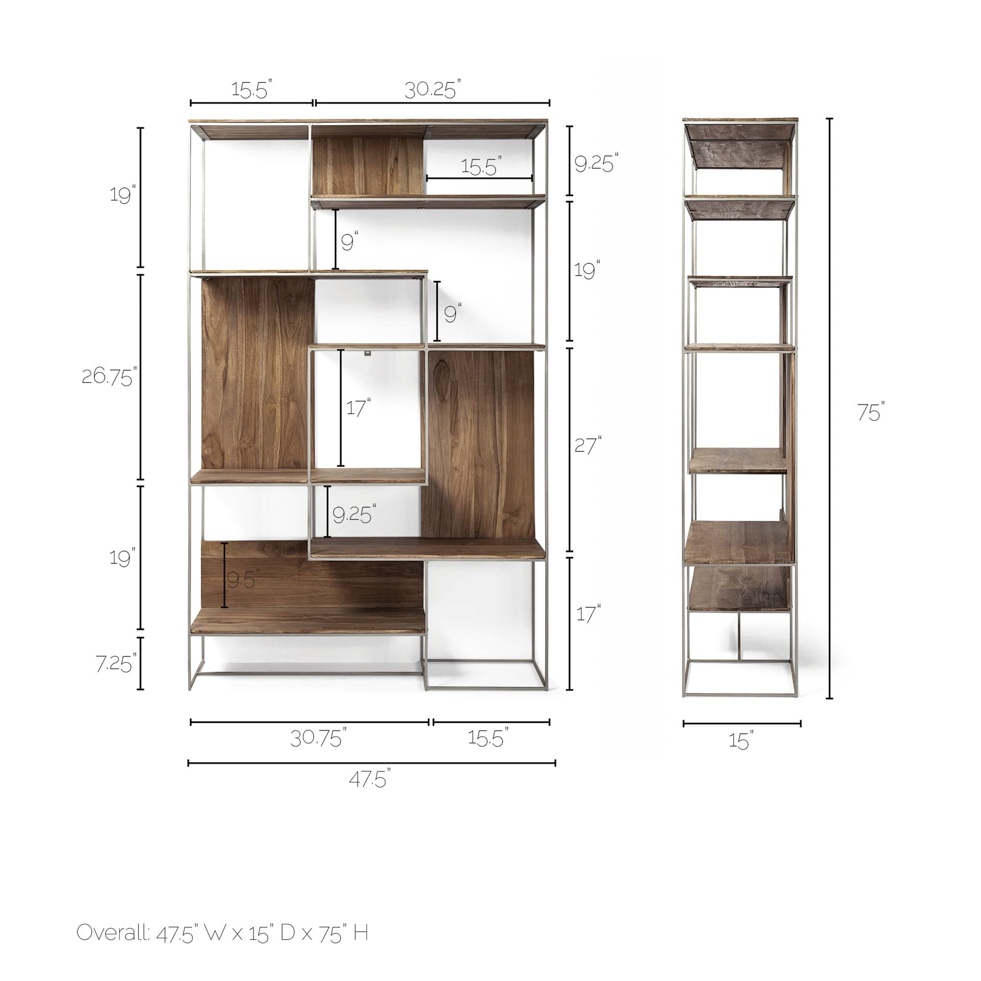 Morris III 47.25 X 15 X 75.5 Brown Wood and Silver Metal Frame 6 Shelf Shelving Unit — product photograph
