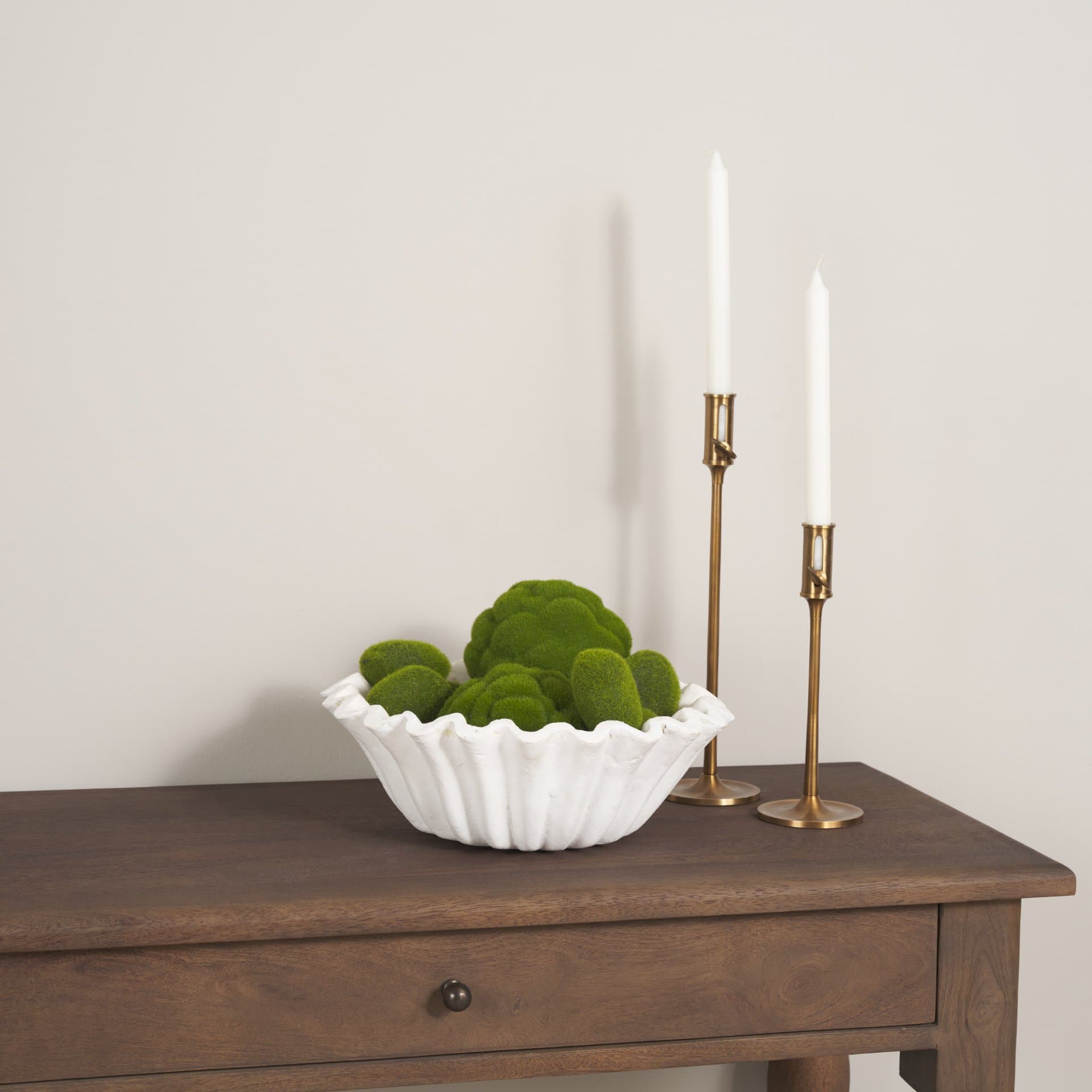 Camelia Small Fluted White Paper Mache Round Centerpiece Bowl — in a styled room