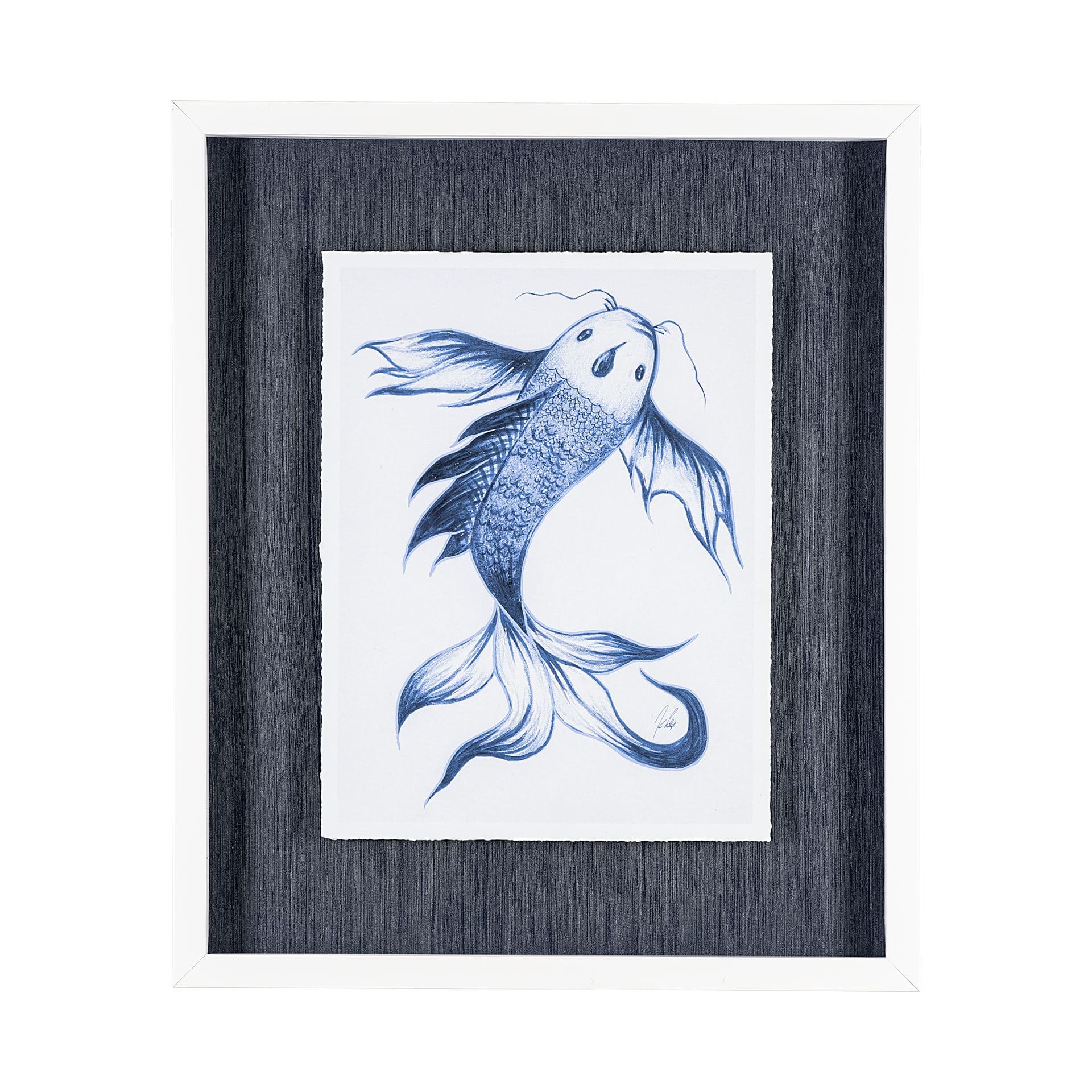 Koi Fish Blue I by Mercana Studio a Hand Embellished Textured Framed Art Print Matted under Glass — product photograph