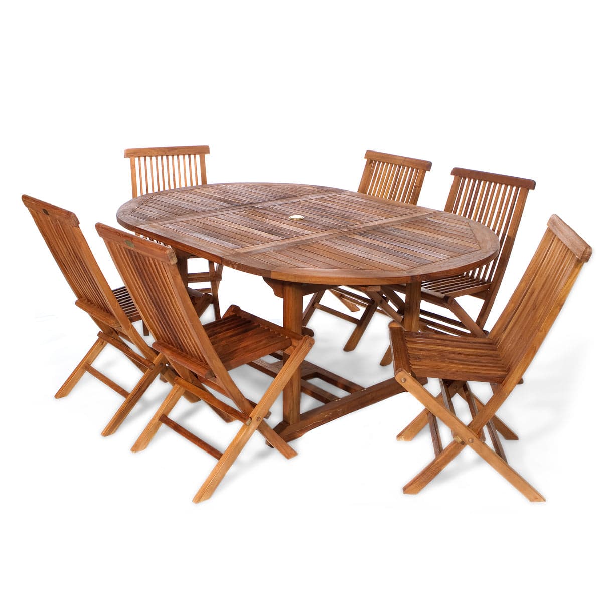 7-Piece Teak Oval Extension Patio Table and Folding Dining Chairs Set — product photograph