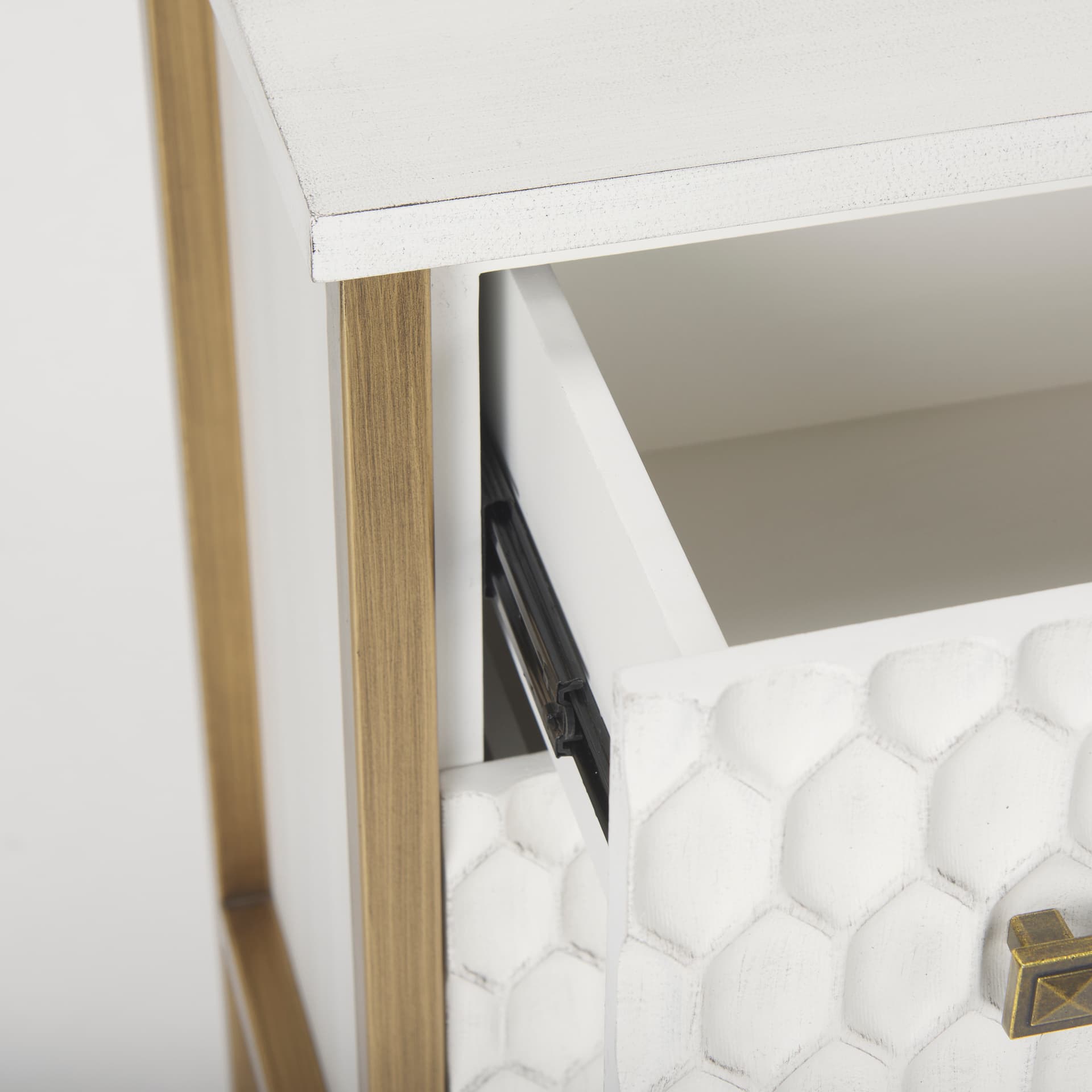 Savannah White Fir Veneer w/ Gold Metal 3-Drawer Accent Cabinet — product photograph