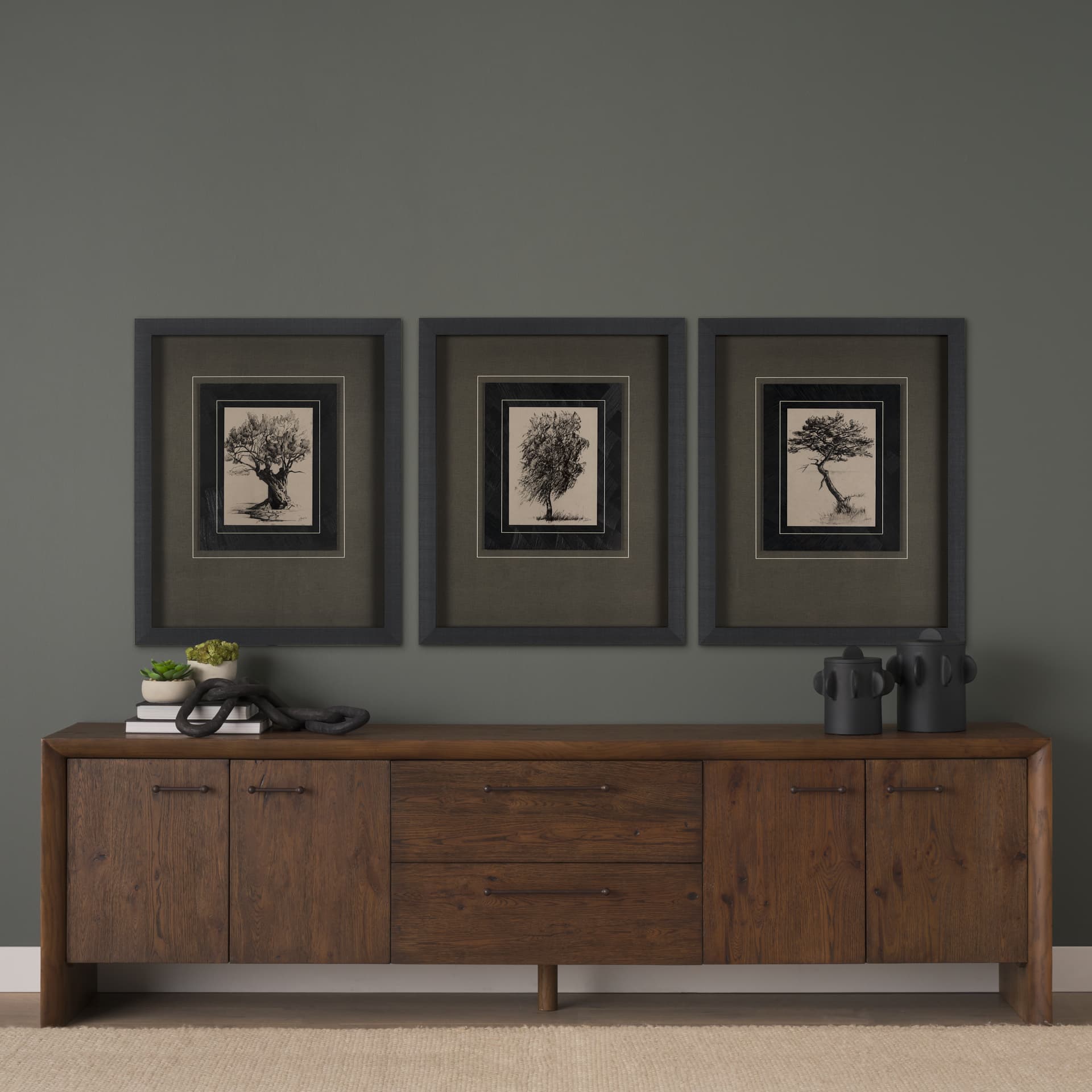 Tree Drawing I by Mercana Studio a Hand Embellished Textured Framed Art Print Matted under Glass — in a styled room