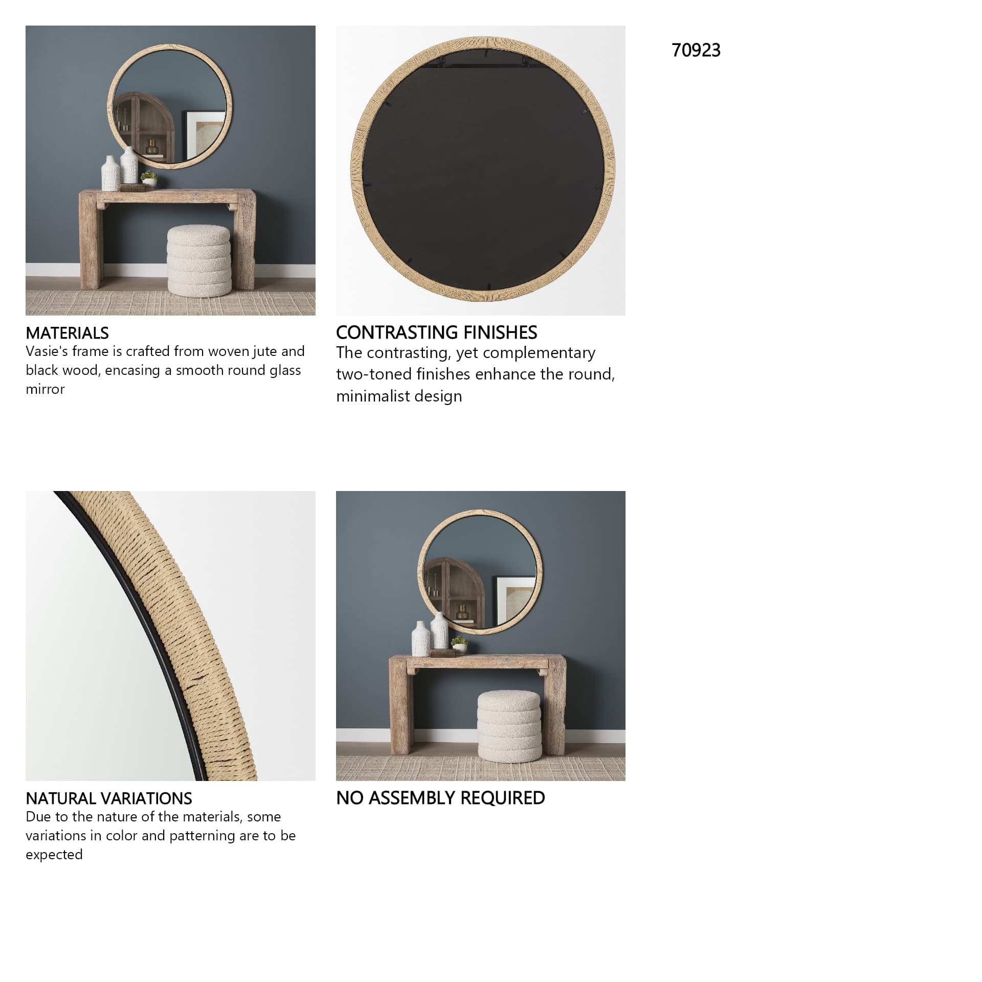Vasie Black Wood w/ Jute Round Mirror — in a styled room