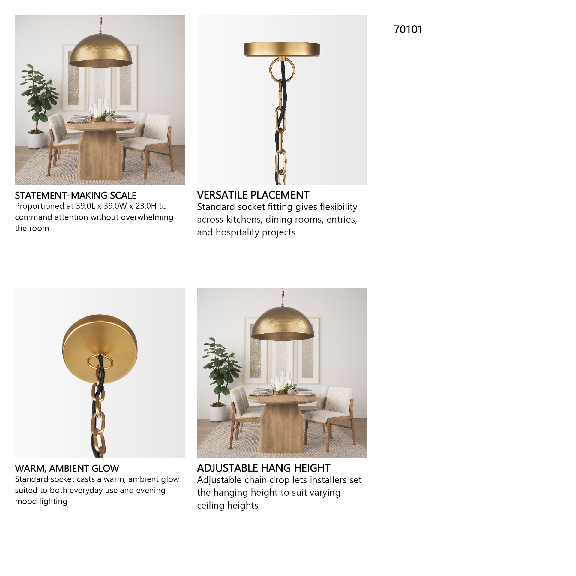 Karina 36" Round Brass-tone Hammered Metal Dome Pendant Light — in a styled room
