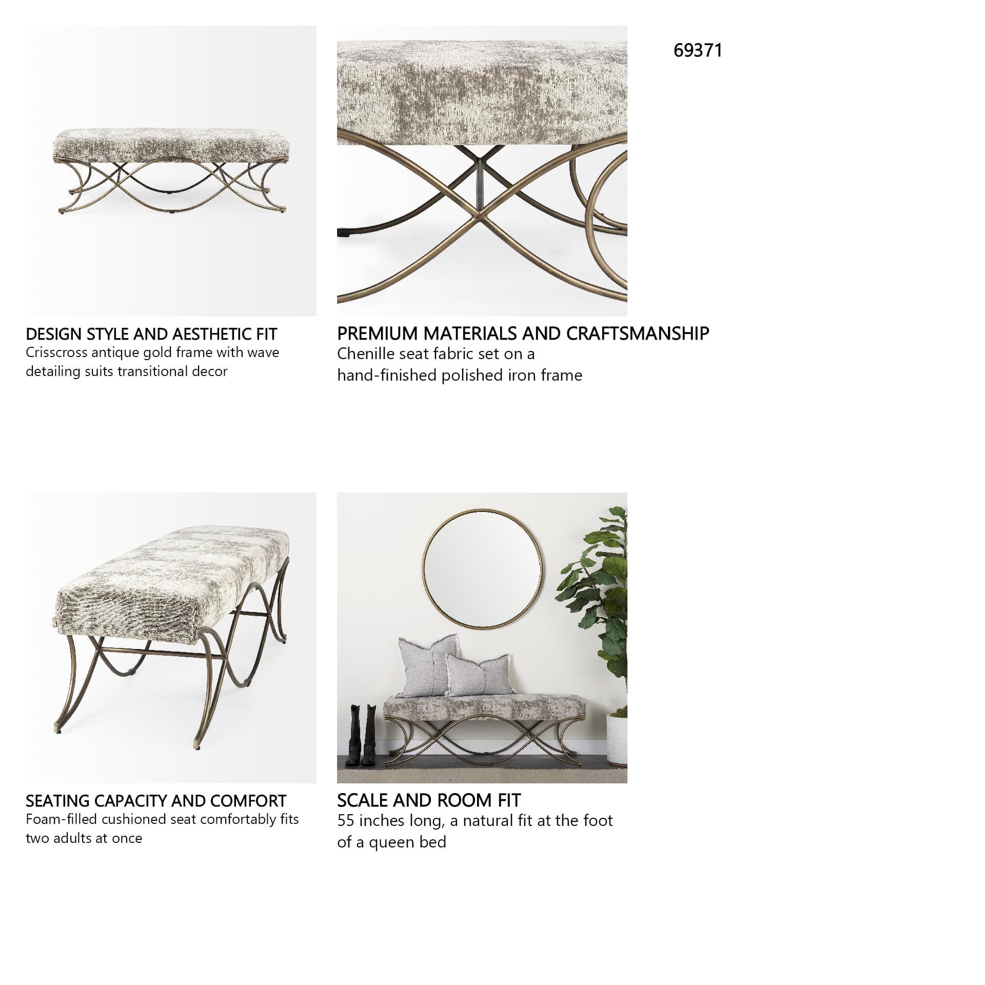 Ayla 55L x 17.6W x 18H Light and Dark Gray Fabric Seat W/ Antique Gold Metal Frame Bench — in a styled room