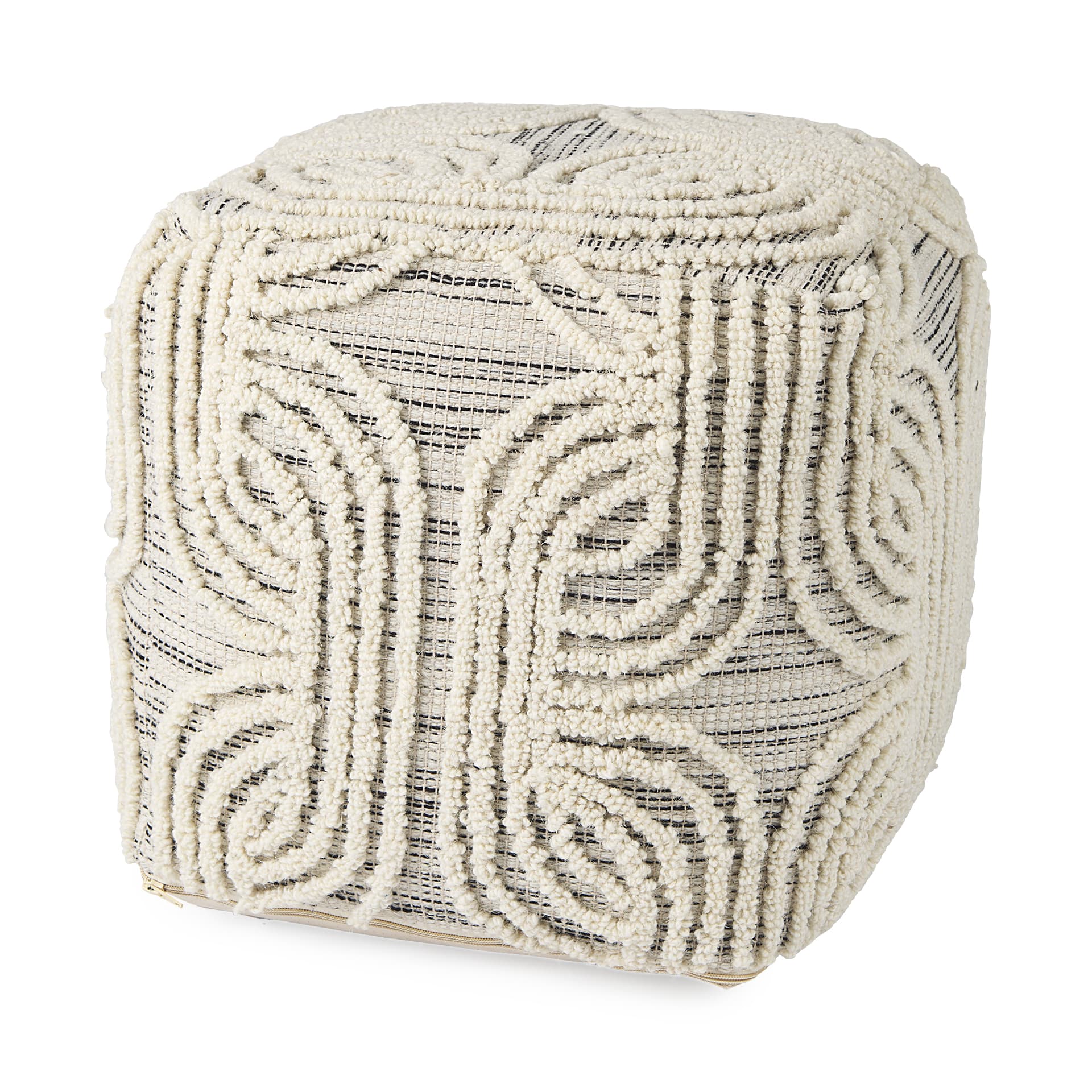 Amaya 16.0L x 16.0W x 16.0H Cream/Black/Gray Wool and Cotton Pouf — product photograph