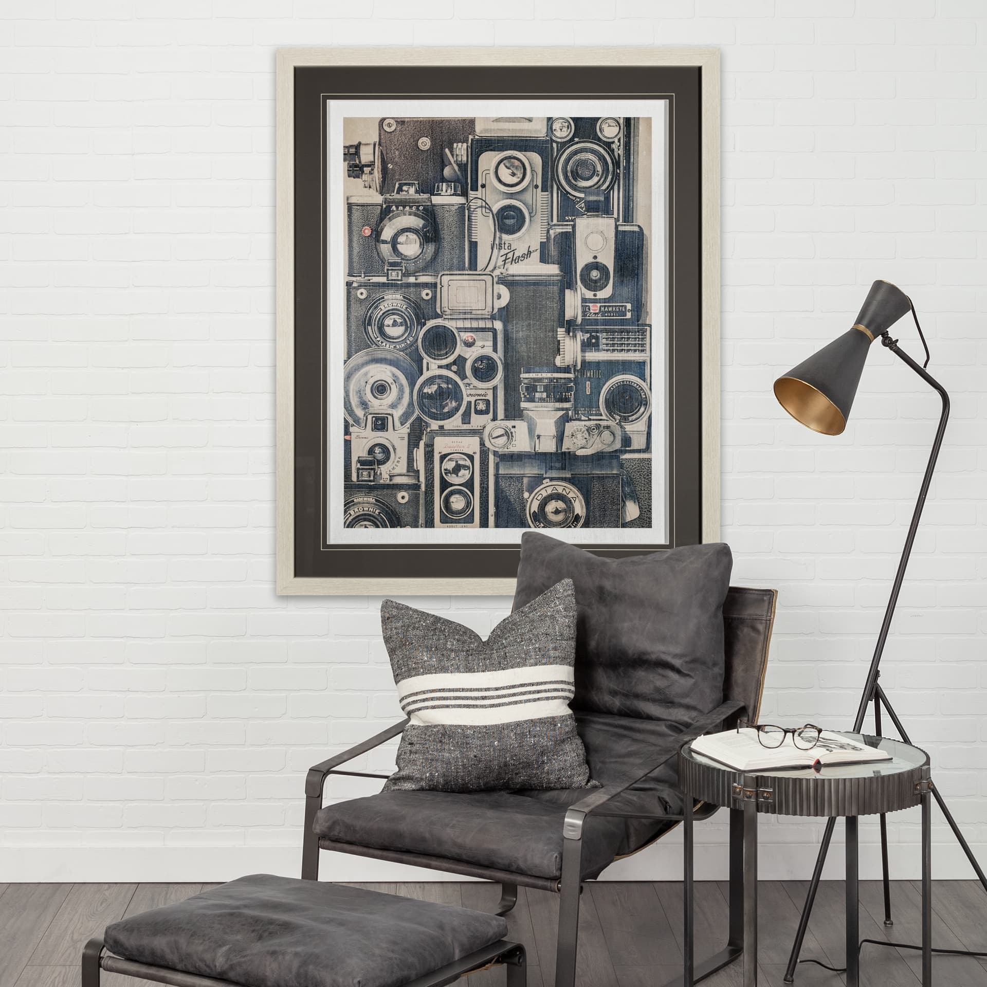 Vintage Cameras by Thomas Brown a Hand Embellished Textured Framed Art Print Matted under Glass — in a styled room
