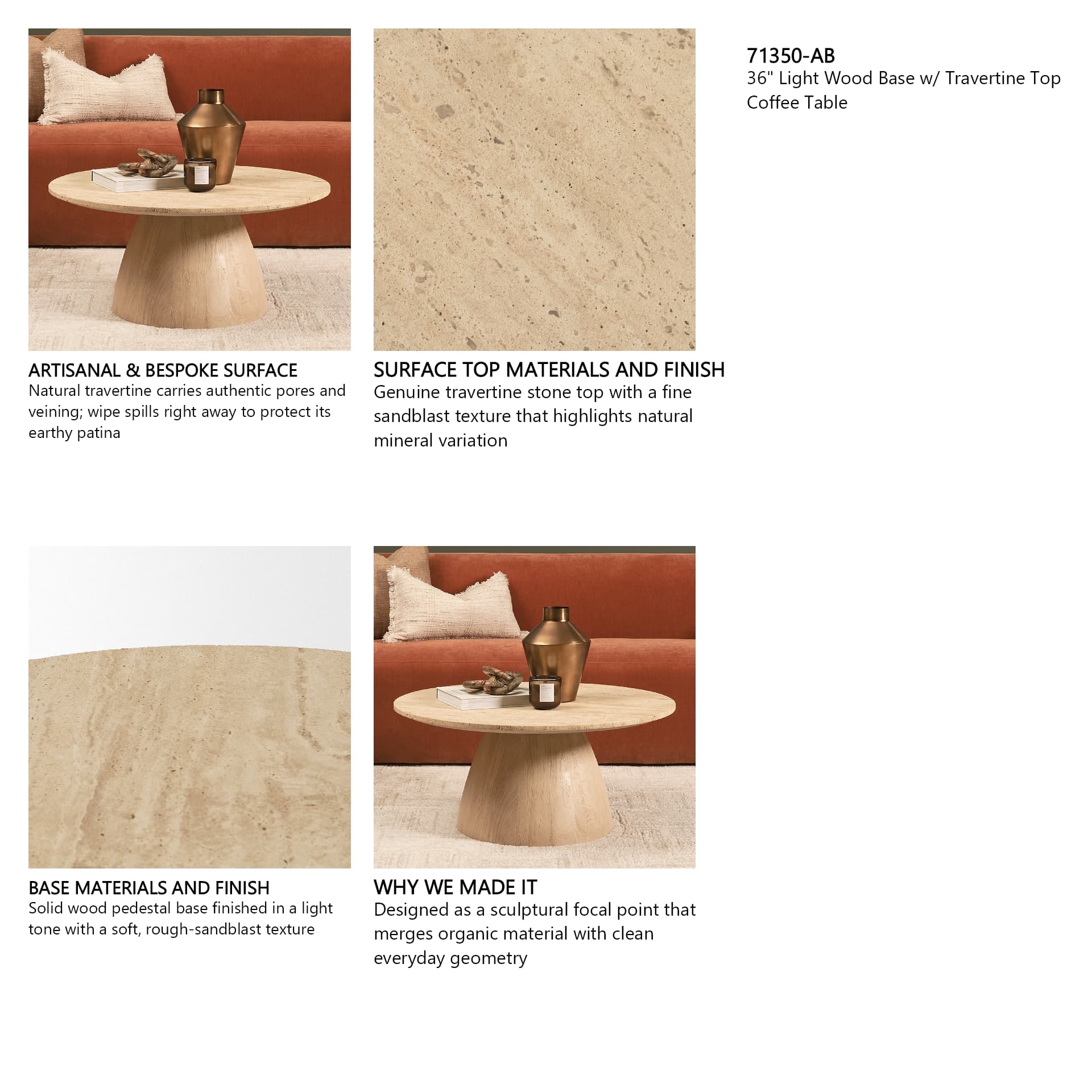 Allyson 36" Light Wood Base w/ Travertine Top Coffee Table — product photograph