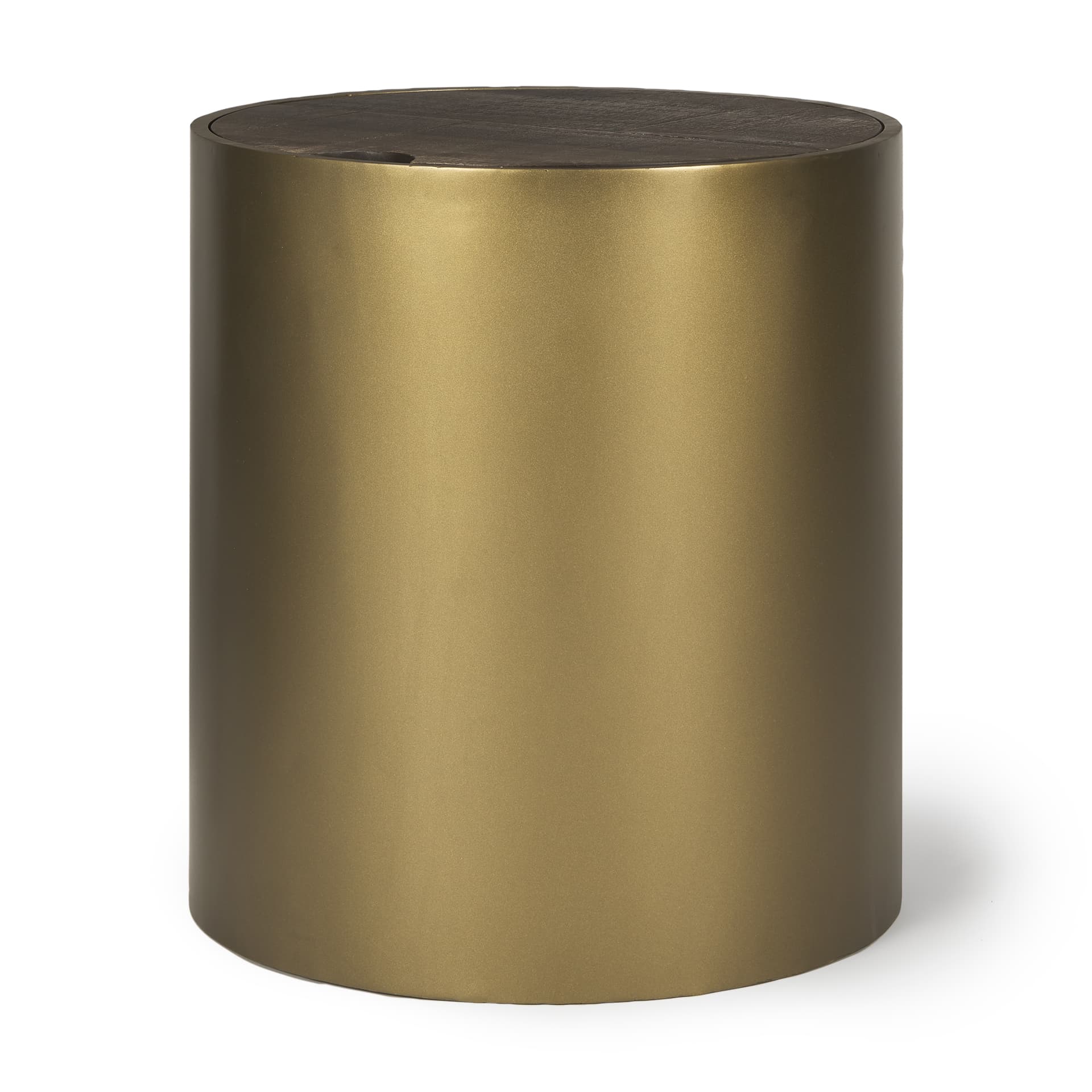 Eclipse Antique Brass Metal Drum Base w/ Dark Brown Wood Top End/Side Table — product photograph