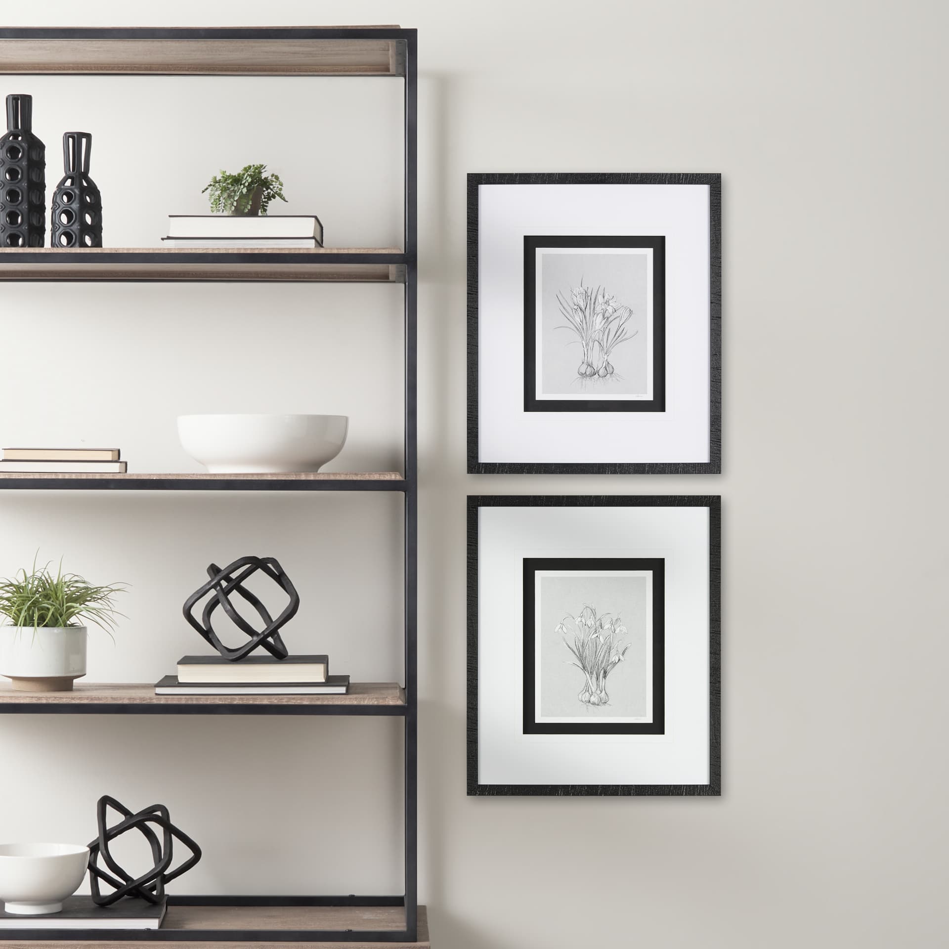 Botanical sketches VI (Grey) by Mercana Studio Hand Embellished Framed Art Print Matted under Glass — in a styled room