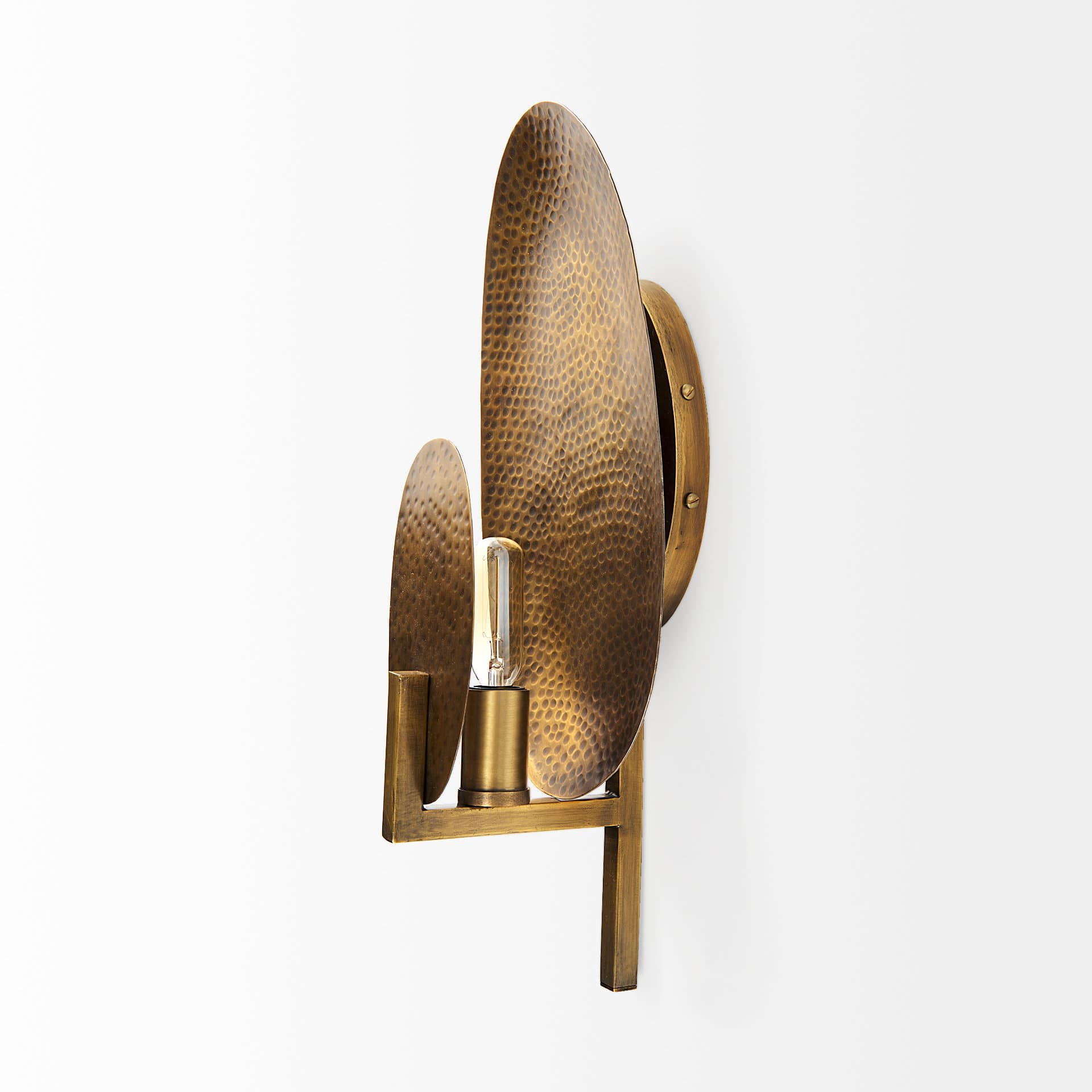 Clarence 7.0L x 5.3W x 17.0H Metal Hammered Gold Round Wall Sconce — product photograph