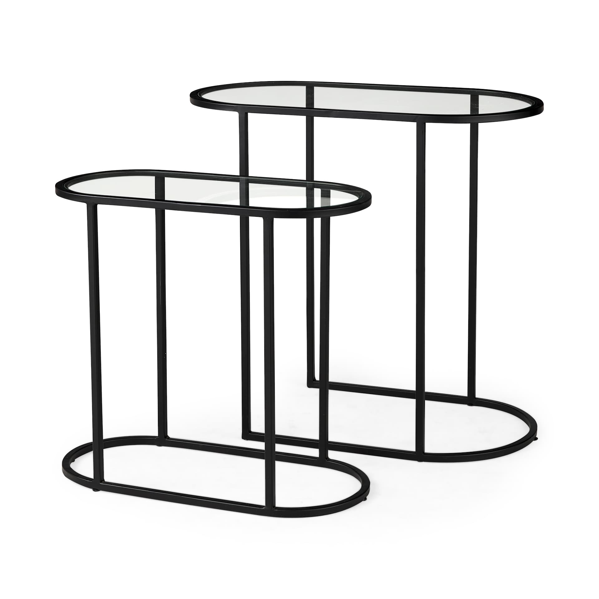 Celine 24.2 L x 12.6 W x 22.4 H Set of Two Black/Silver Metal and Glass Nesting Accent Tables — product photograph