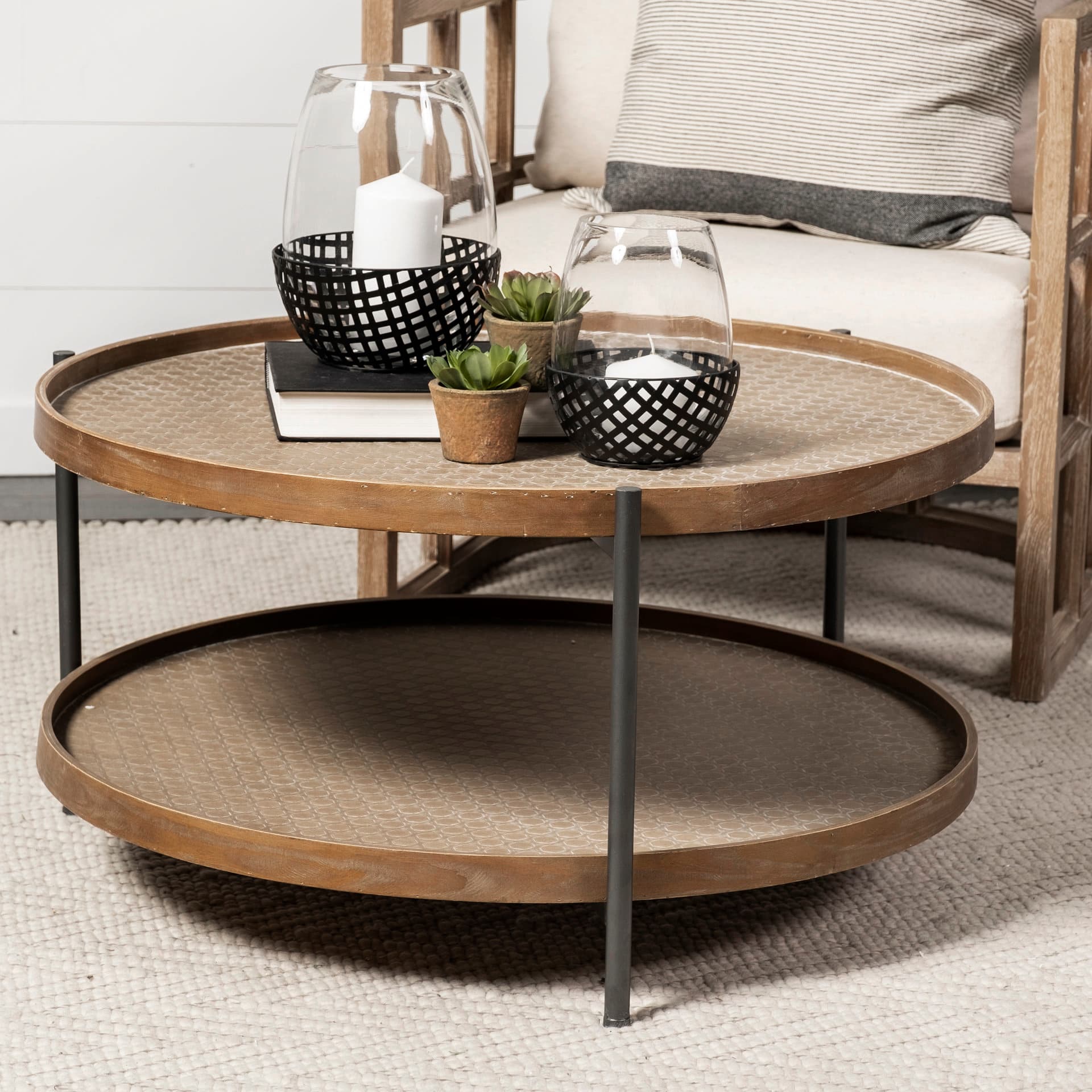 Kade 33" Round Brown Table Gray Metal Frame Two-Tier Coffee Table — product photograph