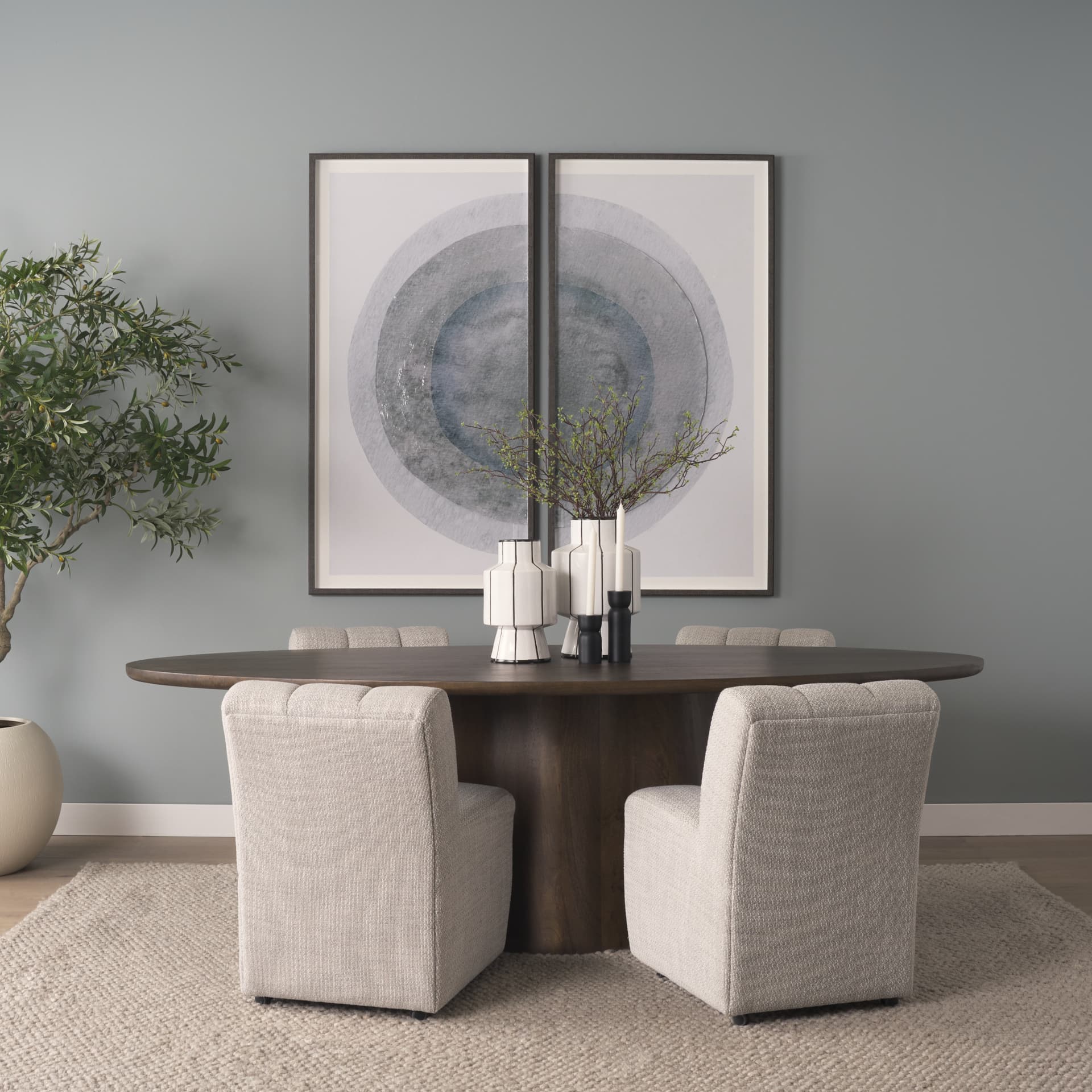 Wilkins Barrel Back Dining Arm Chair | Gray Fabric w/ Wood — product photograph
