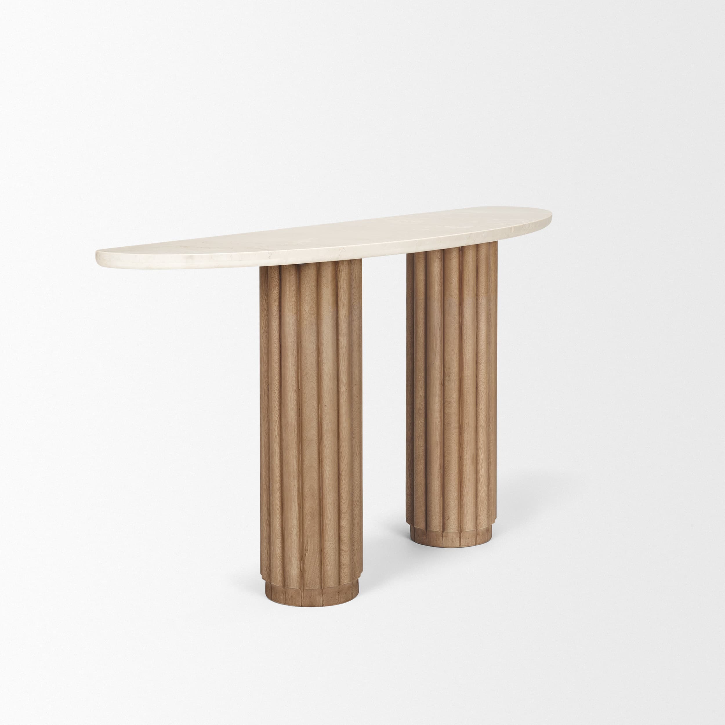 Marbrello Botticino Marble Top Light Brown Fluted Wood Half Moon Console Table — product photograph
