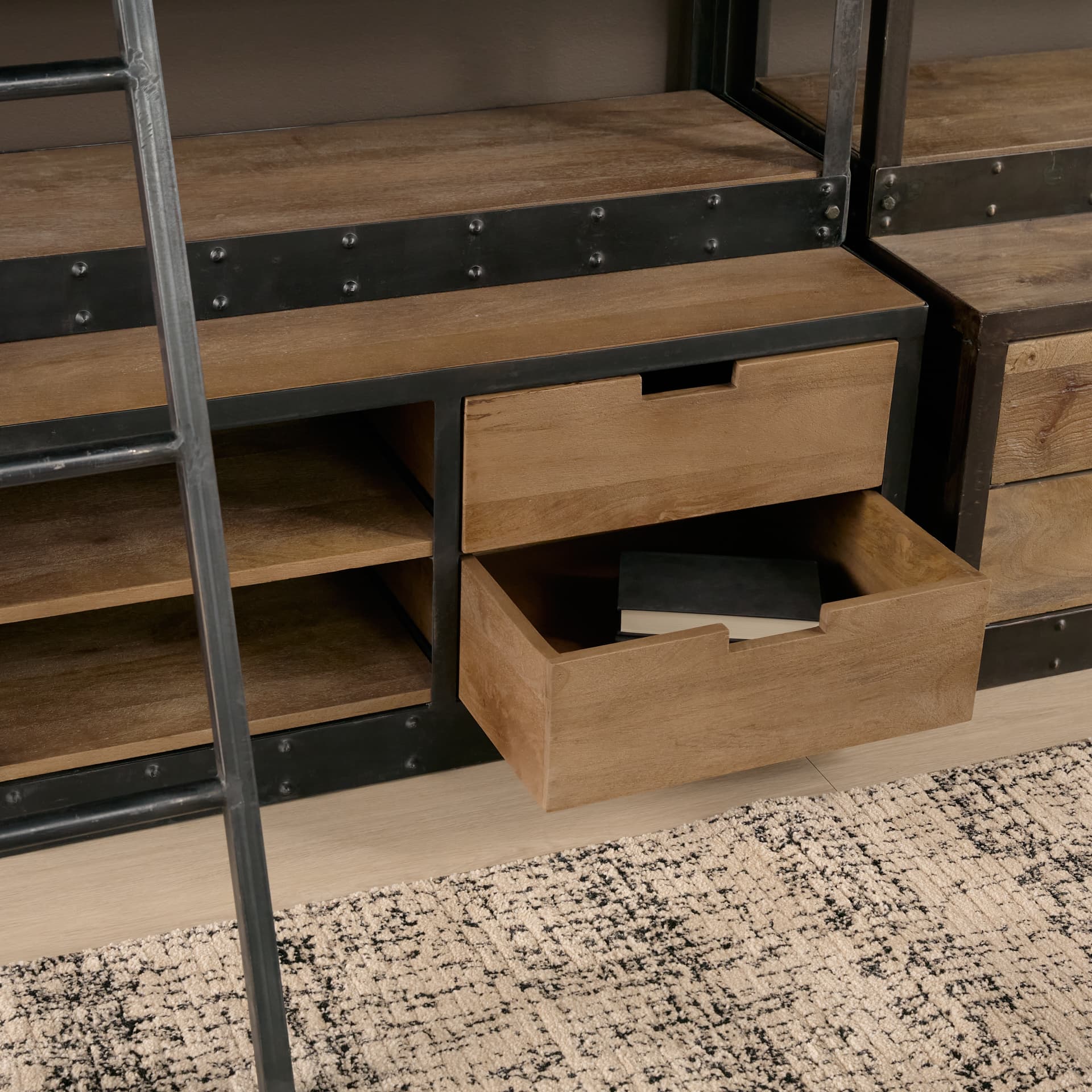 Brodie VIII 57L x 20.5W x 94H Brown Wood Gun-Metal Ladder Four Shelf Shelving Unit — product photograph