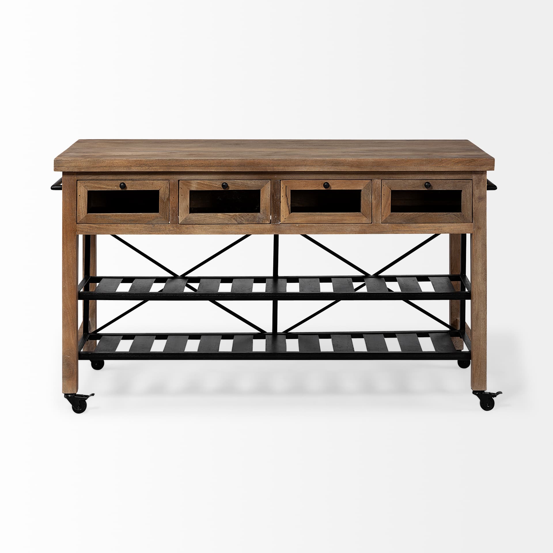 Stuart I Brown Solid Wood Top Two-Tier Black Metal Rolling Kitchen Island — product photograph