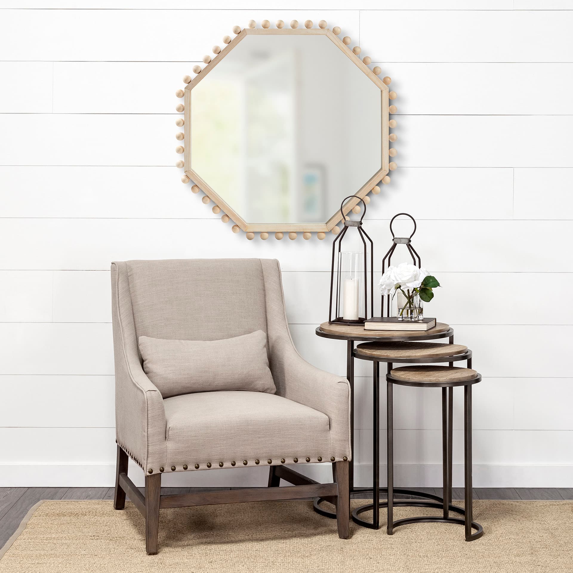 Torquay 33L x 33H Natural Wood Octagon Frame Mirror — in a styled room
