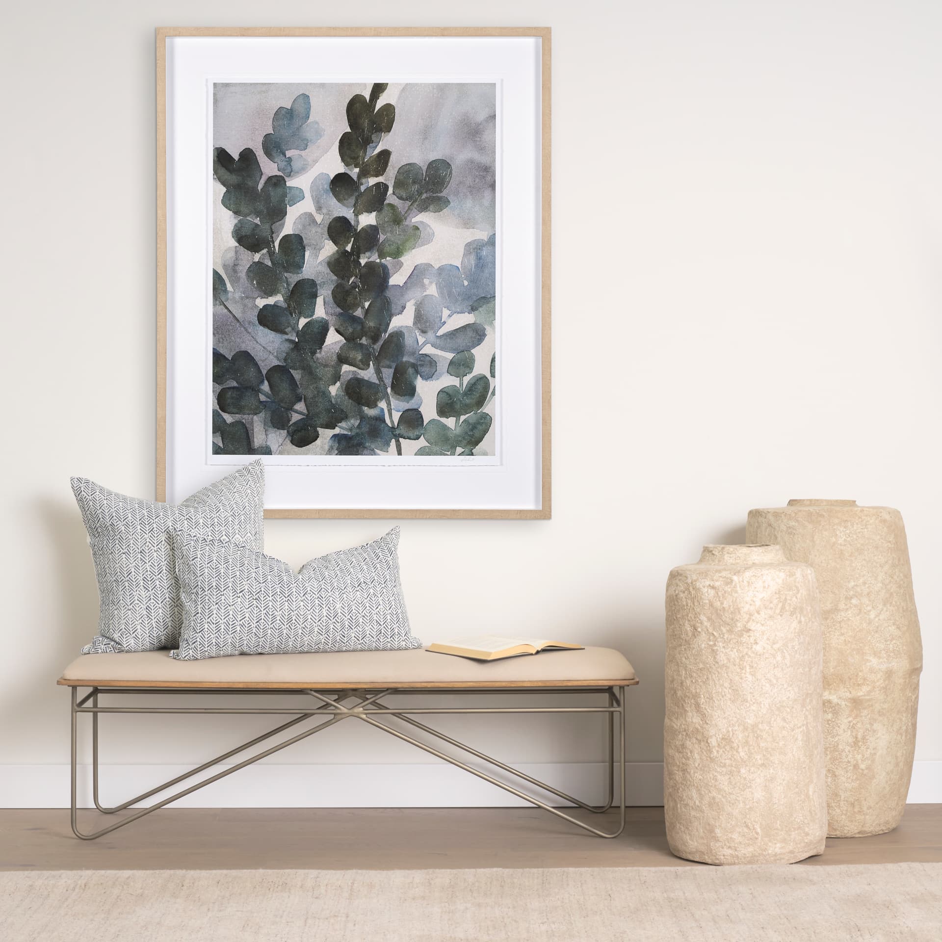 Janelle 14x26 Cream w/ Indigo Print Linen Lumbar Pillow Cover — in a styled room