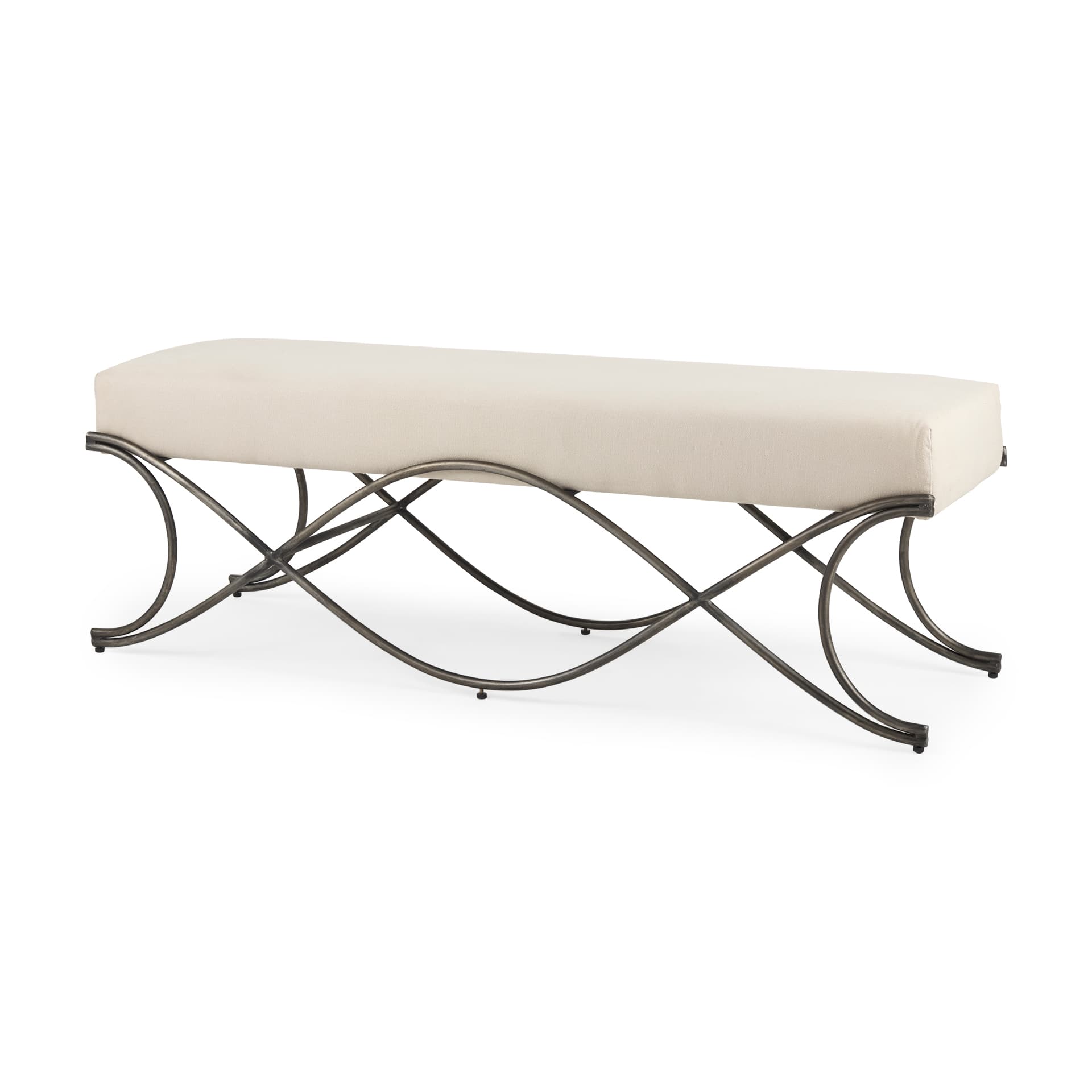 Ayla 55L x 17.6W x 18H Cream Fabric Seat W/ Antique Nickel Frame Bench — product photograph