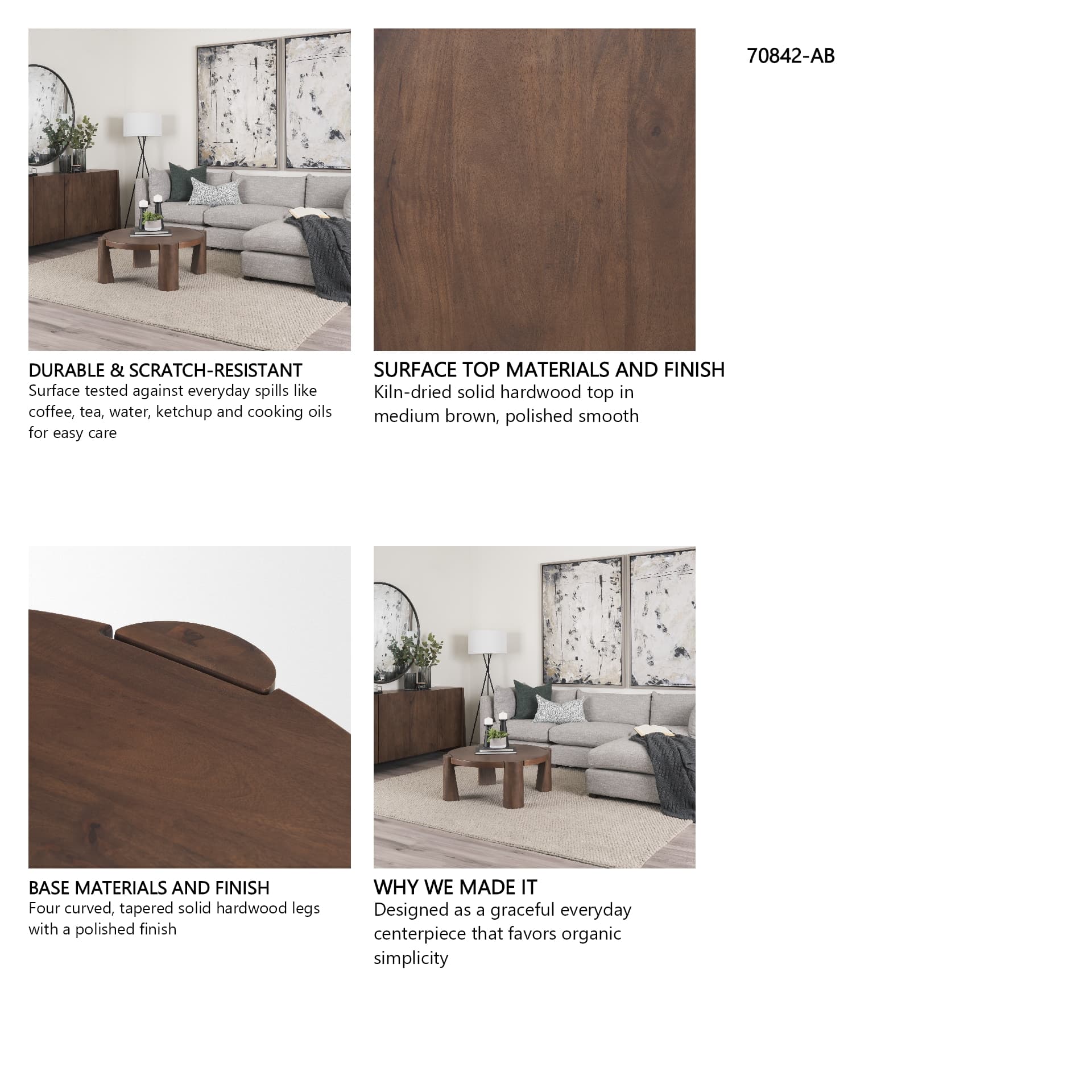 Tammar Round Wood w/ Tapered Legs Coffee Table — in a styled room