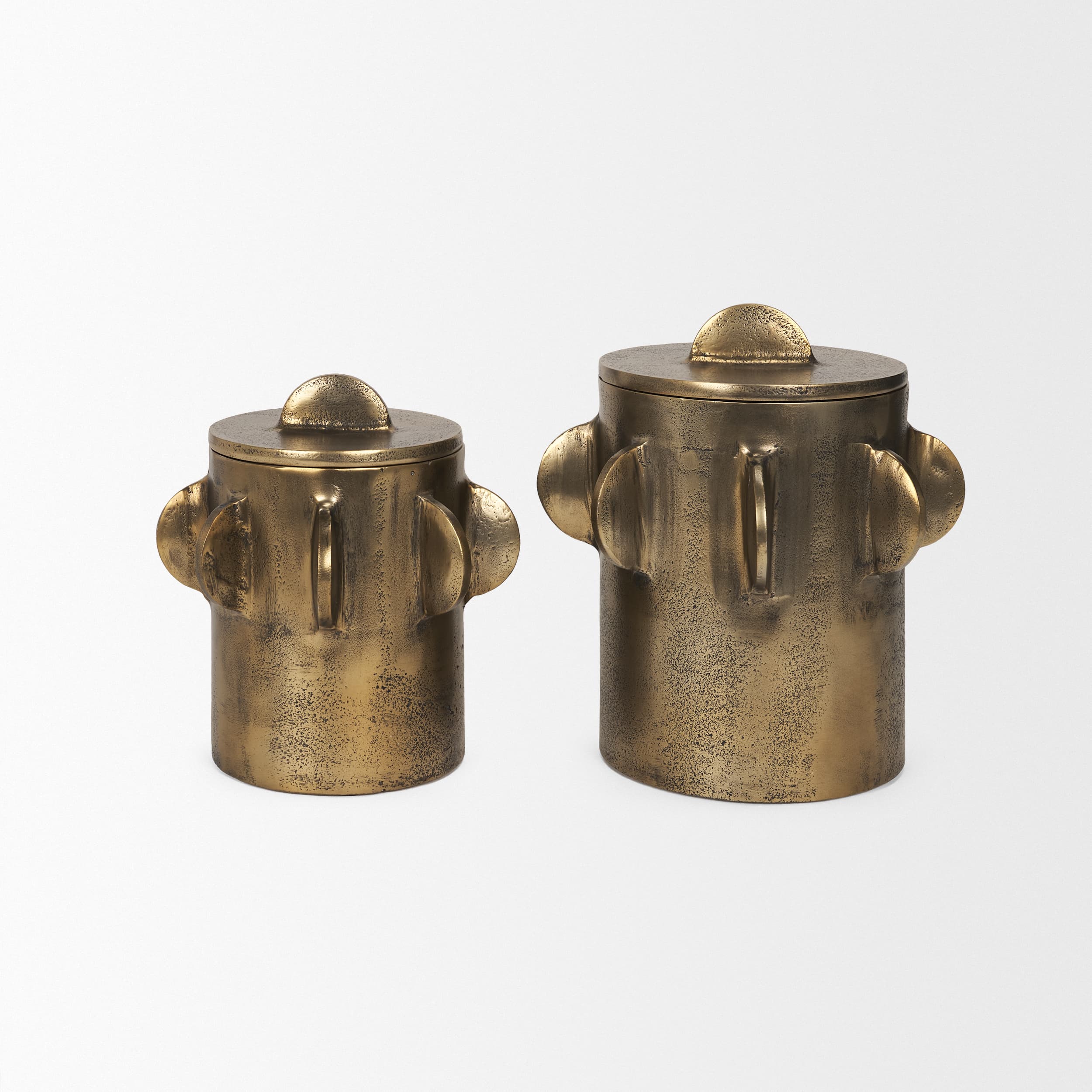Deacon Small Antiqued Gold Metal Canister with Sculptural Handles — product photograph
