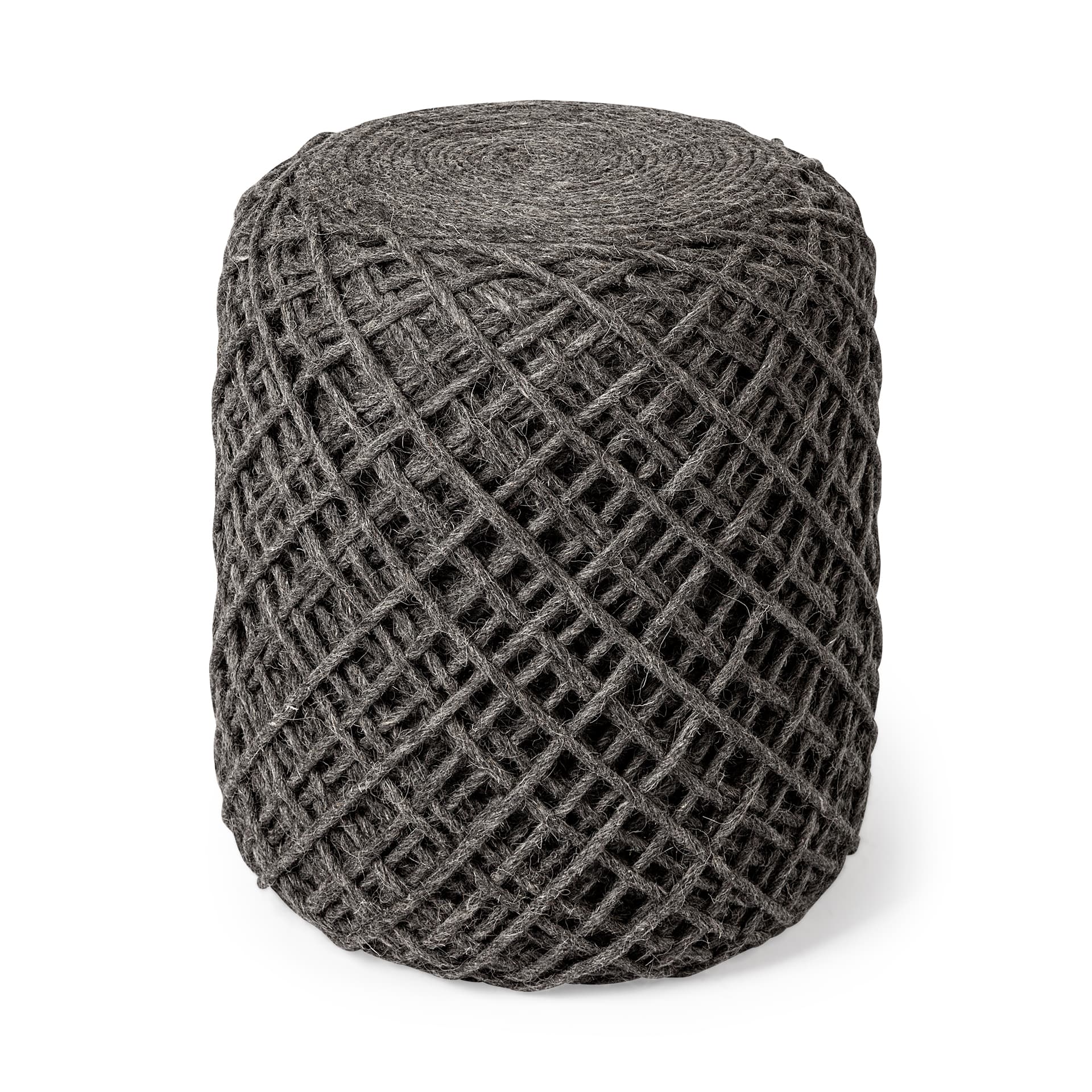 Allium Dark Gray Handwoven Wool Cylindrical Pouf — product photograph