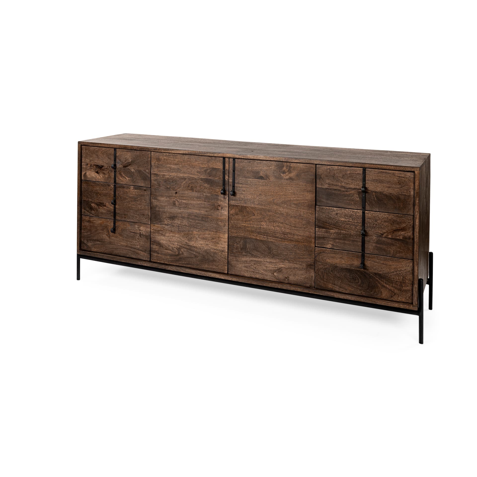 Glenn VI 71.5x18 Dark Brown Wood Frame w/ Black Iron Accent, 6 Drawer, 2 Door Cabinet Sideboard — product photograph