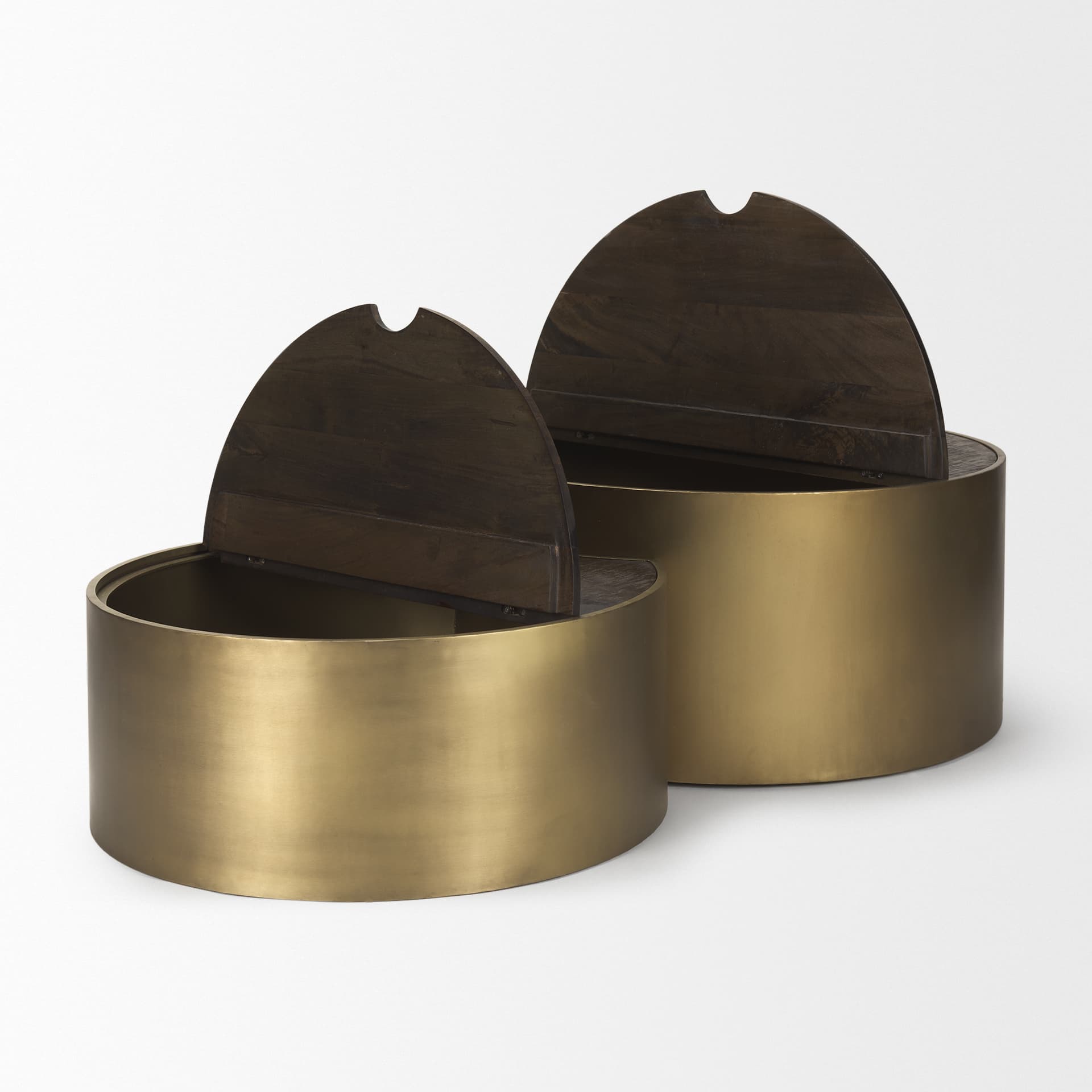 Eclipse Antique Brass Metal Drum Base w/ Dark Brown Wood Top Nested Coffee Table — product photograph