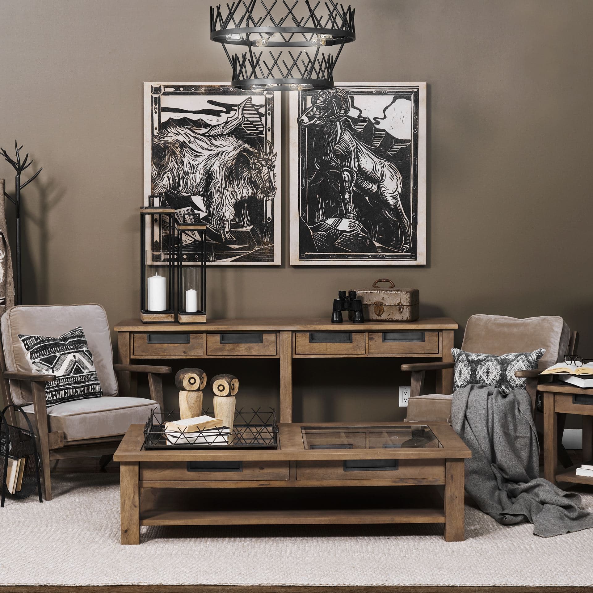 Harrelson III 72L x 18W Brown Wood 4 Drawer Console Table — in a styled room