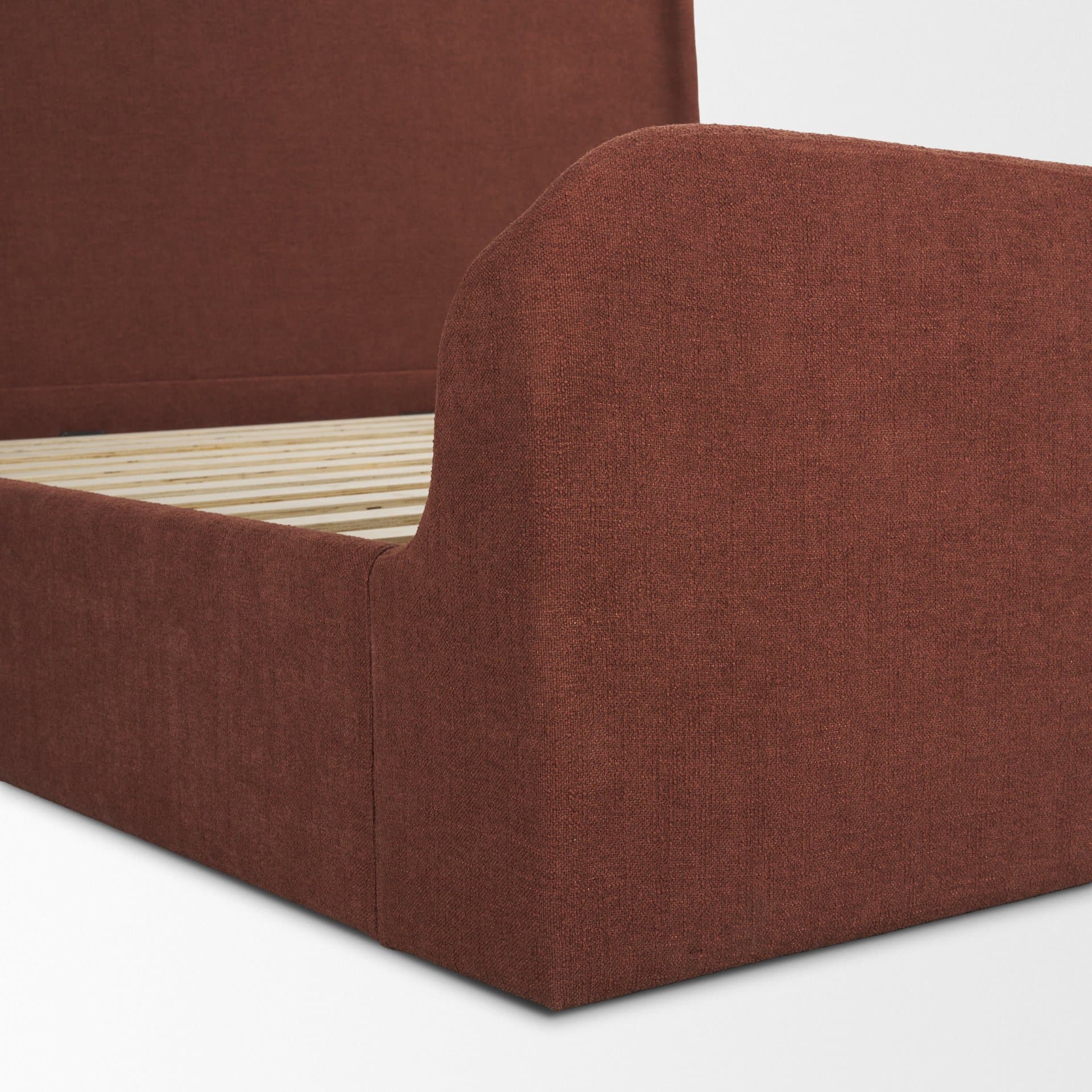 Solene King Upholstered Bedframe w/ Footbed | Curved Headboard | Burgundy Fabric — product photograph