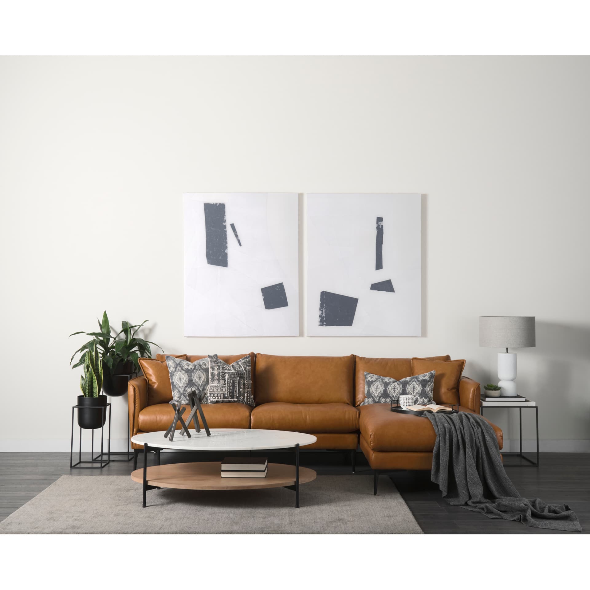 Larkin Marble Top w/ Brown Wood Shelf Round Coffee Table — in a styled room