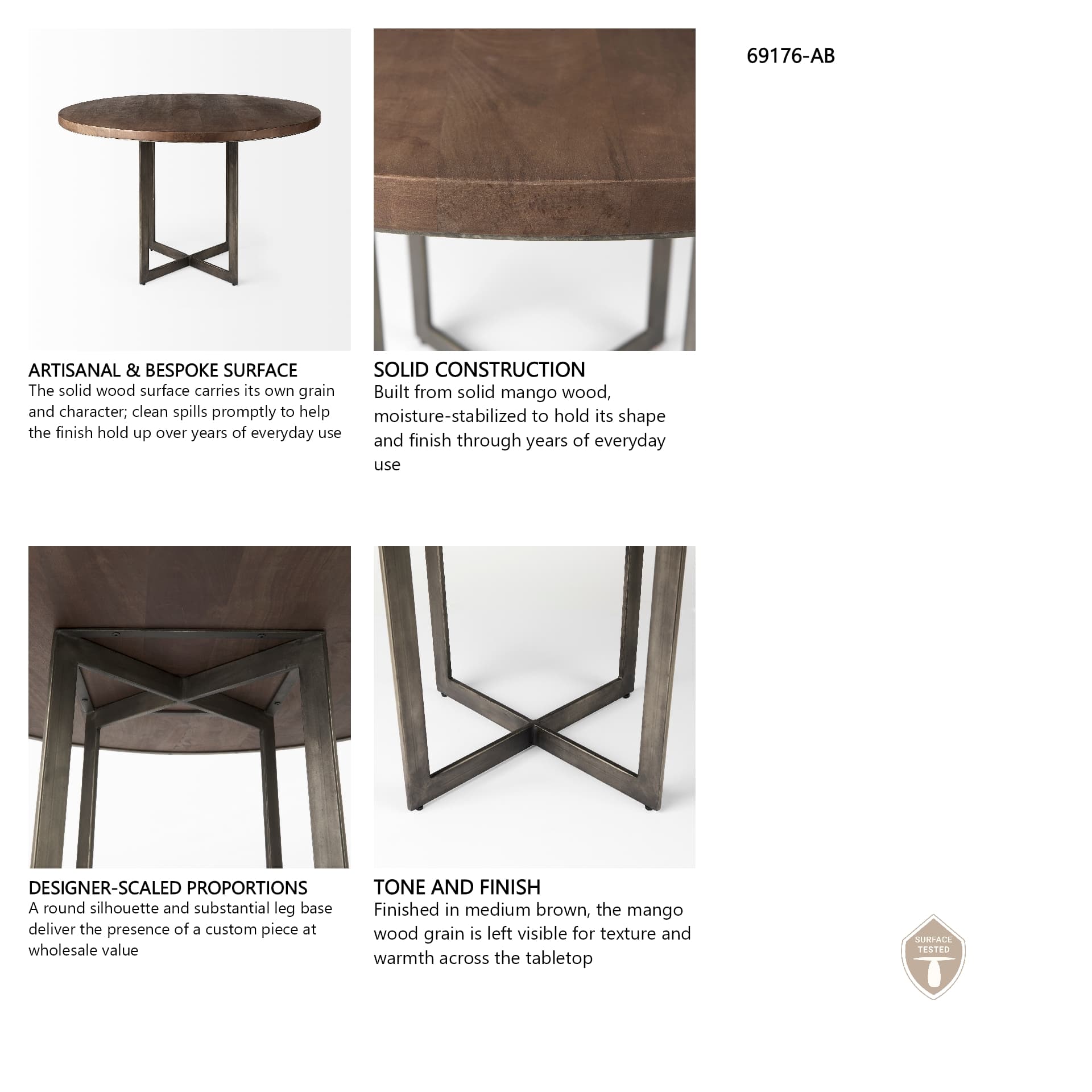 Faye 48" Round Dining Table | Med Brown Wood & Antique Nickel Metal | Seats 4 — in a styled room