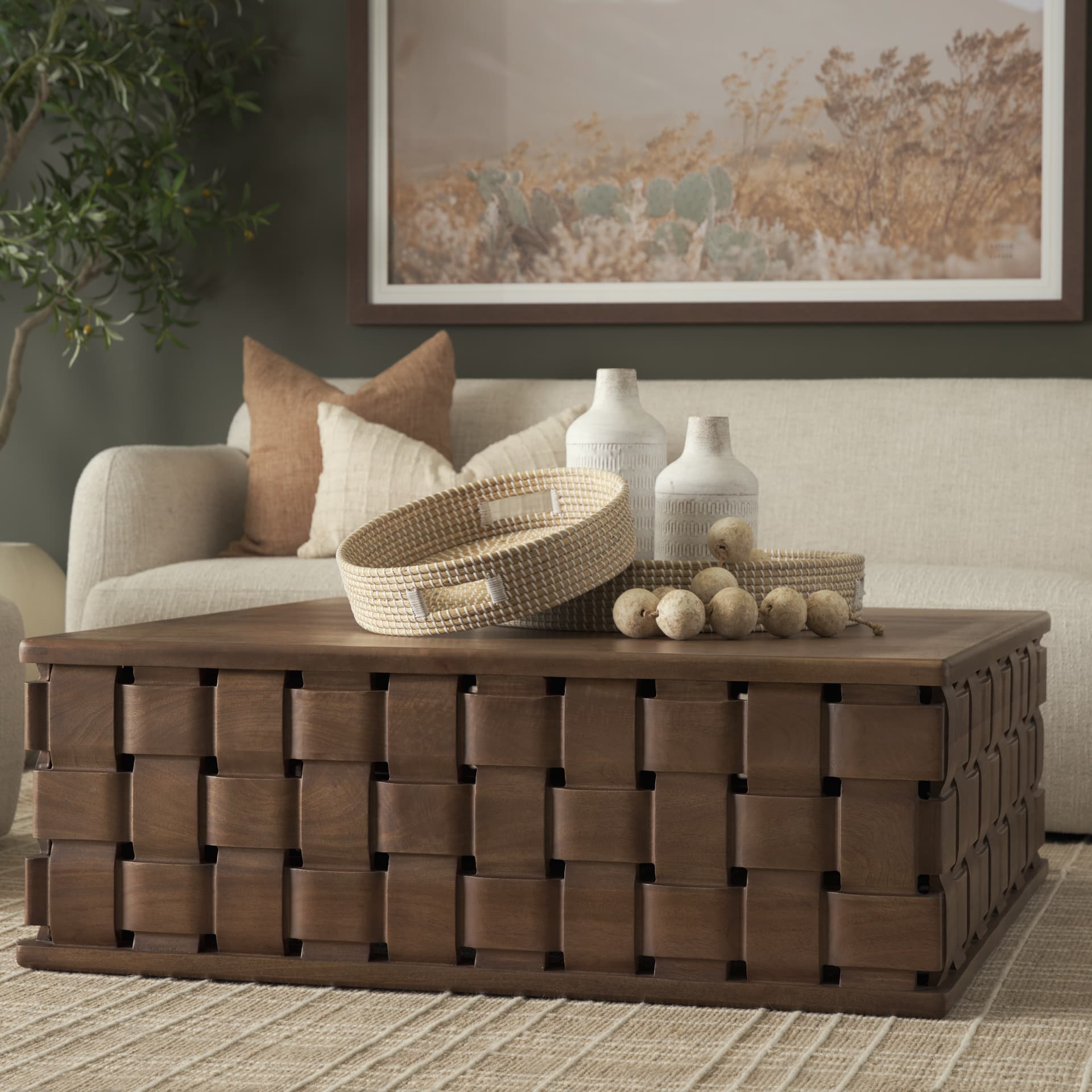 Trellyn 48" Dark Brown Wood w/ Carved Woven Base Square Coffee Table — product photograph