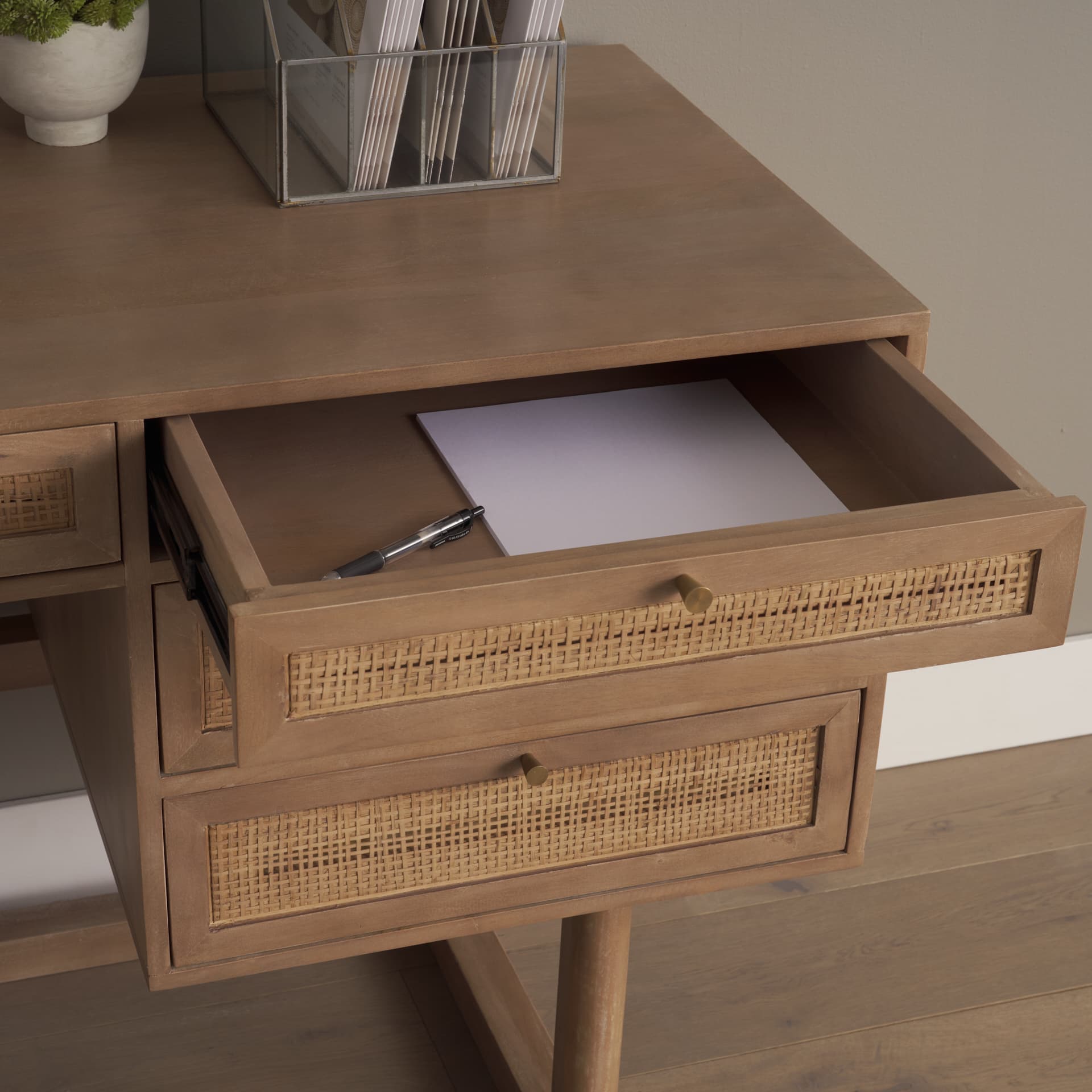 Grier 60" Light Brown Solid Wood W/Cane Office Desk — product photograph