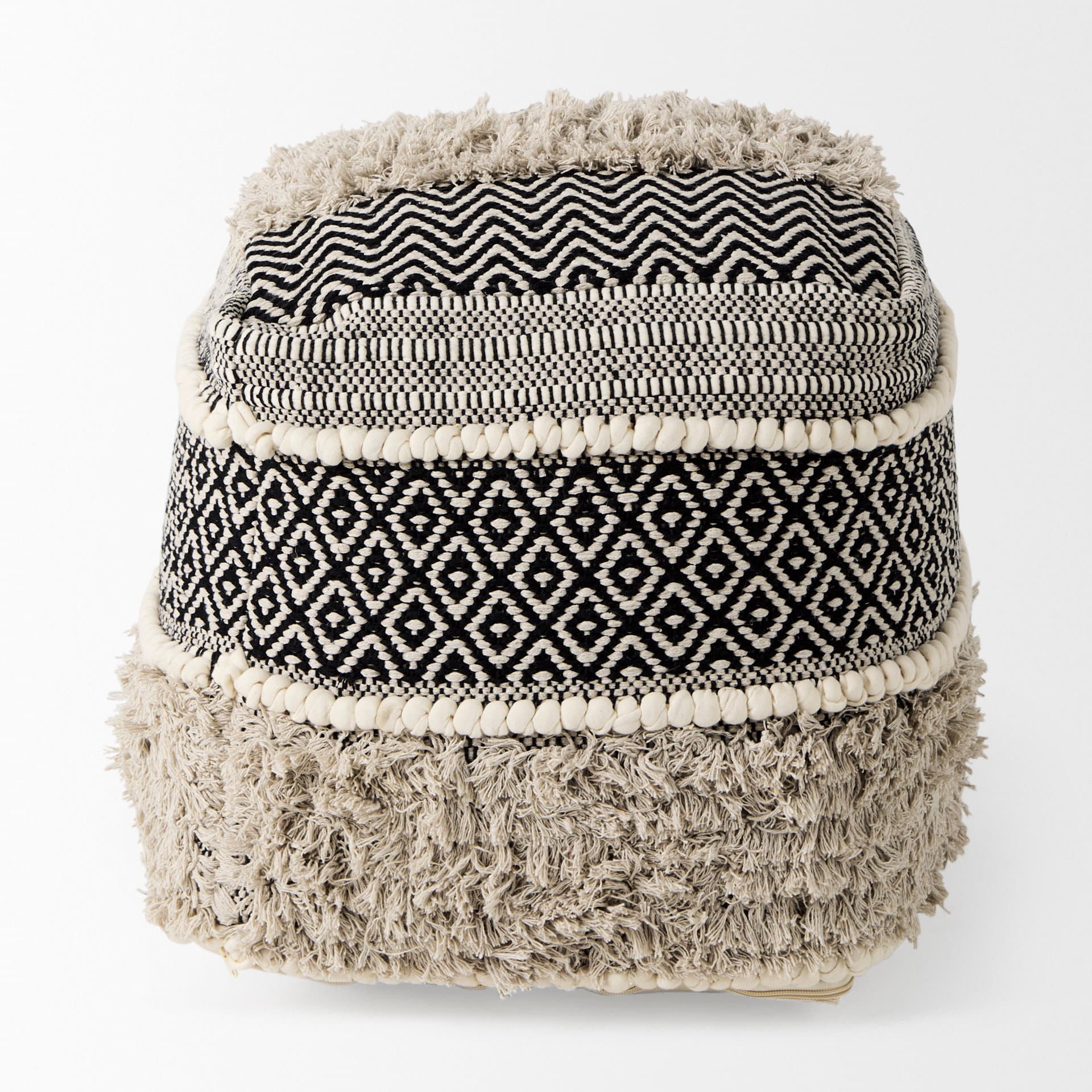 Darika 16.0L x 16.0W x 16.0H Black/White/Gray Cotton Pouf — product photograph