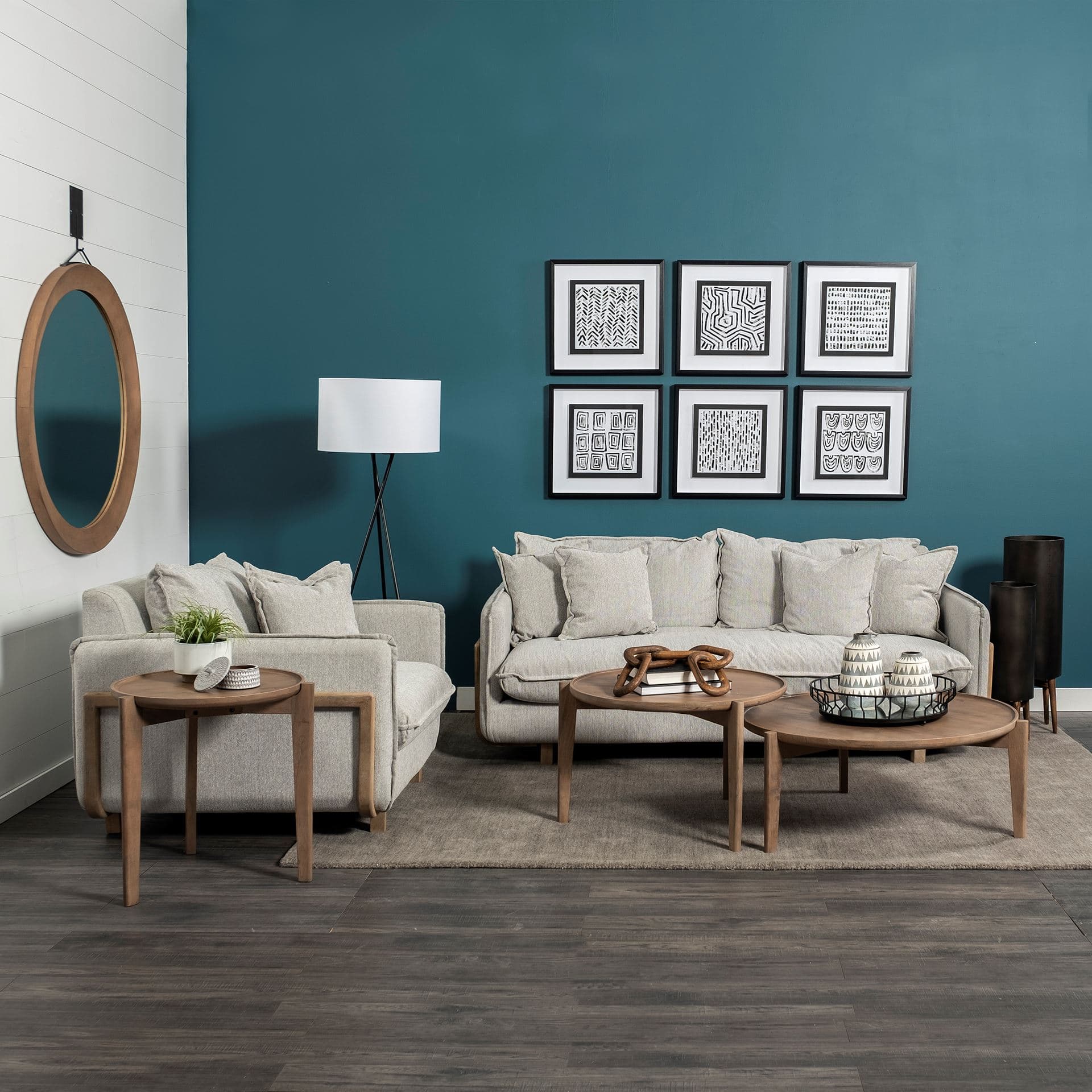 Roy I 84" Frost Gray Upholstered Three Seater Sofa — in a styled room