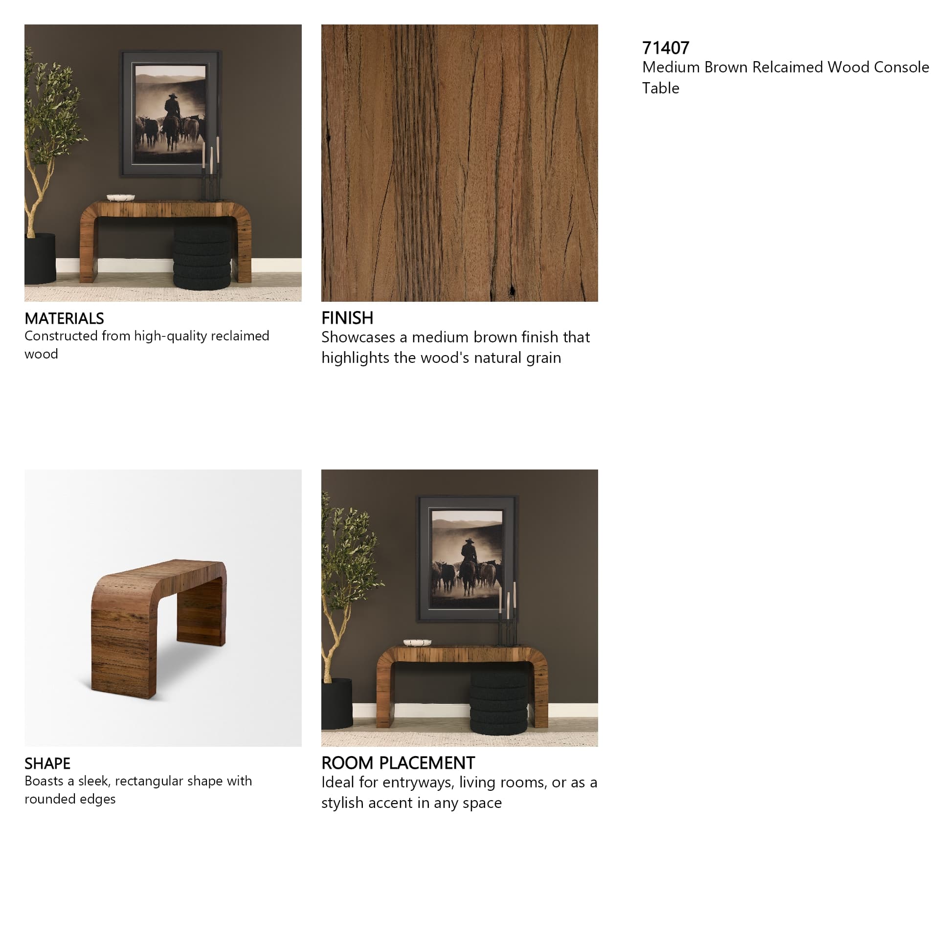 Denton Medium Brown Relcaimed Wood Console Table — in a styled room