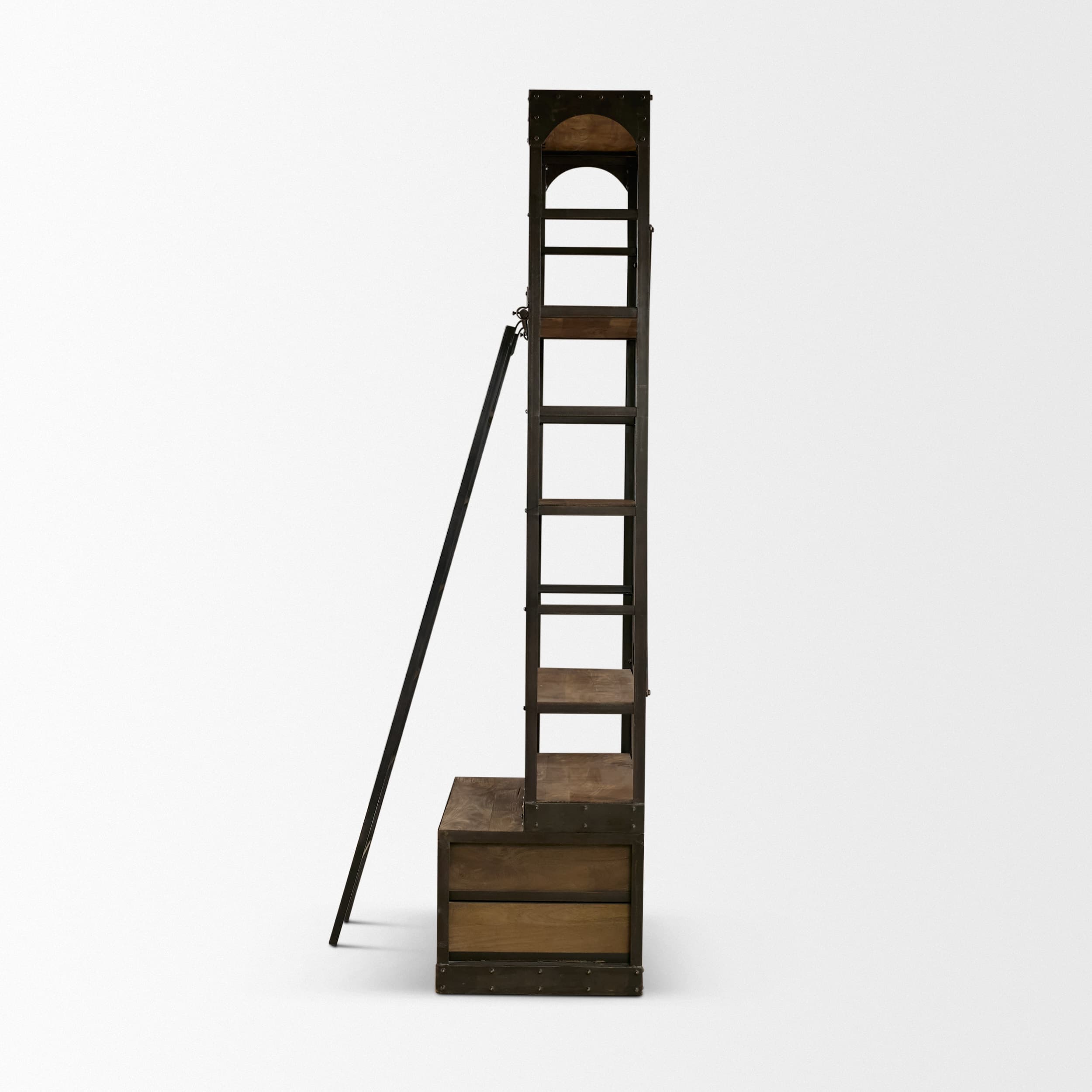 Brodie VII 32L x 22W x 94H Brown Wood Gun-Metal Bracing Four Shelf Shelving Unit — product photograph