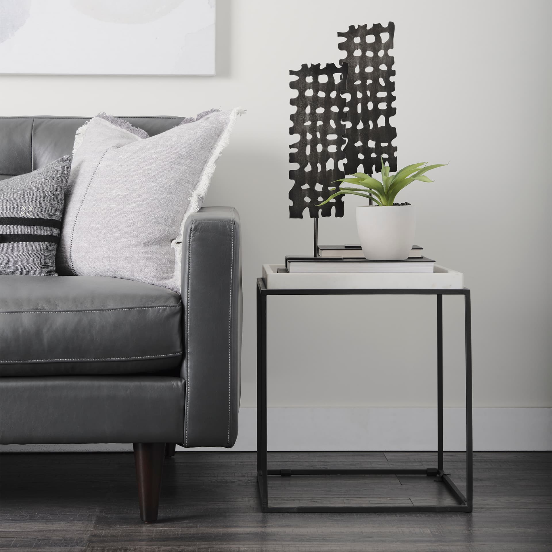 Nathan II 18" x 20" Square Top White Marble and Black Metal End/Side Table — product photograph