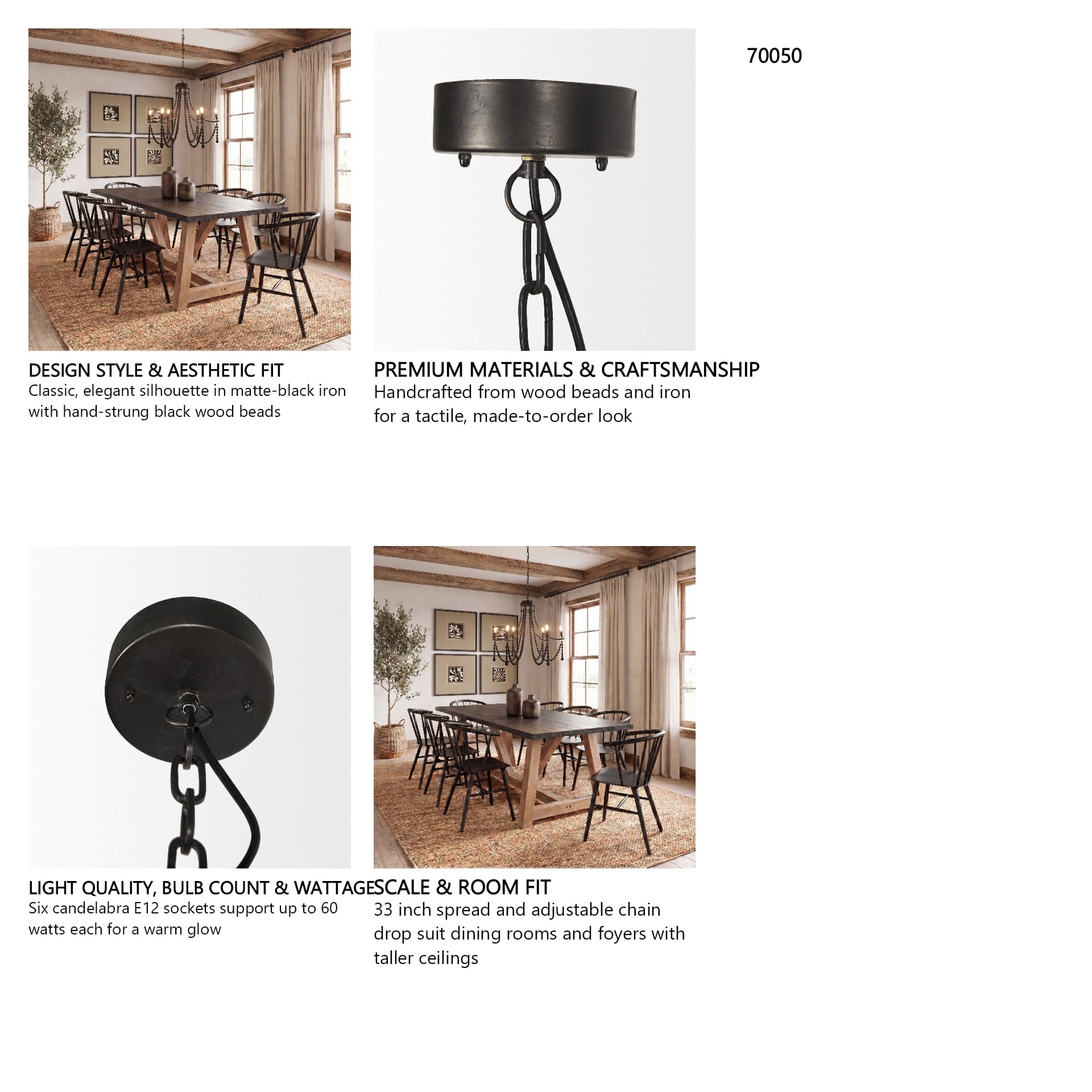 Selma Black Wood Bead and Metal Chandelier — in a styled room