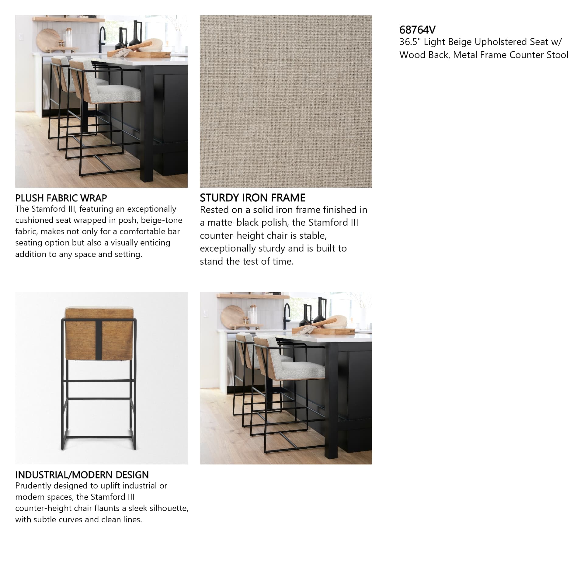 Stamford Backless 36.5in Seat Counter Stool | Beige Fabric w/ Metal — product photograph