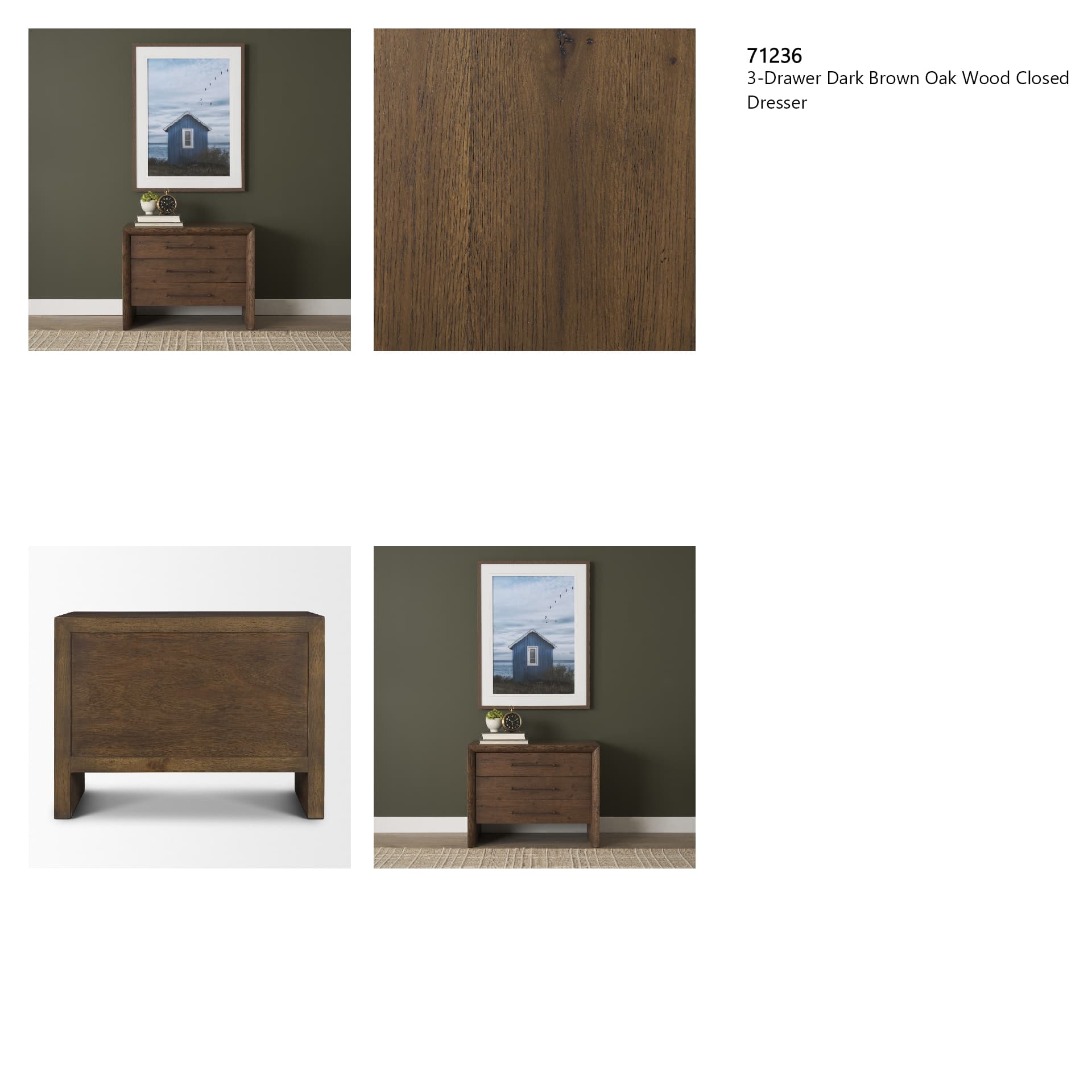 Belford 3-Drawer Dark Brown Oak Wood Closed Nightstand — in a styled room